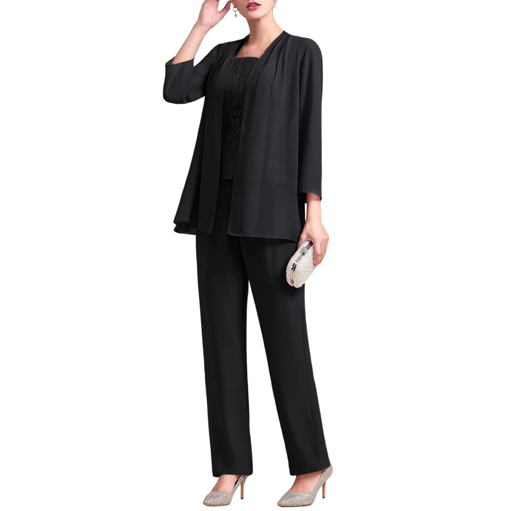 Elegant Women's Chiffon 3-Piece Pantsuit Set with Lace Details - Mother of The Bride Outfit, Wedding Guest Formal Evening Wear - Perfect for Weddings, Parties & Special Occasions