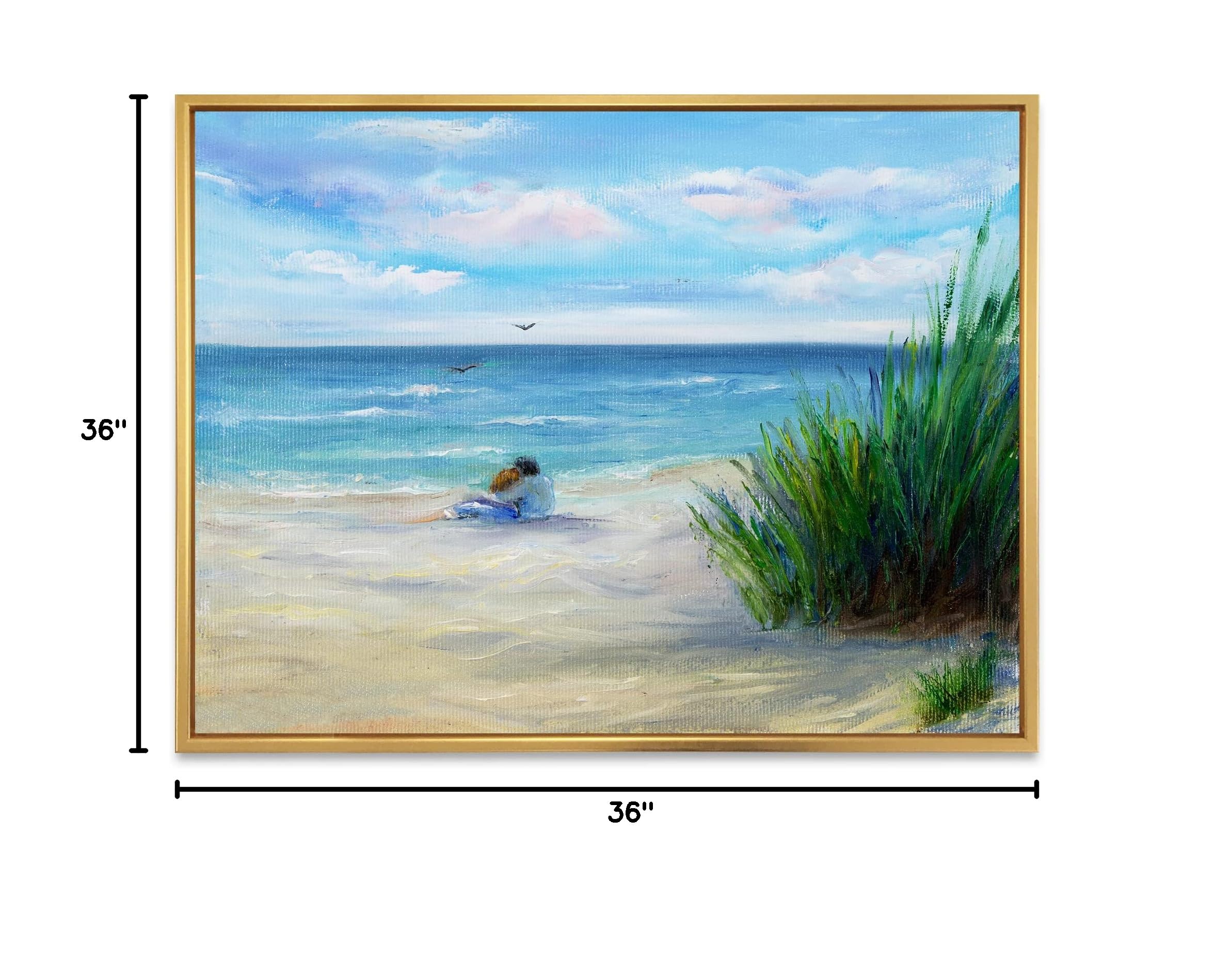 DesignQ Romantic Beach Couple - Nautical Coastal Framed Canvas Wall Art Print for Living Room, Bedroom & Beach House Decor