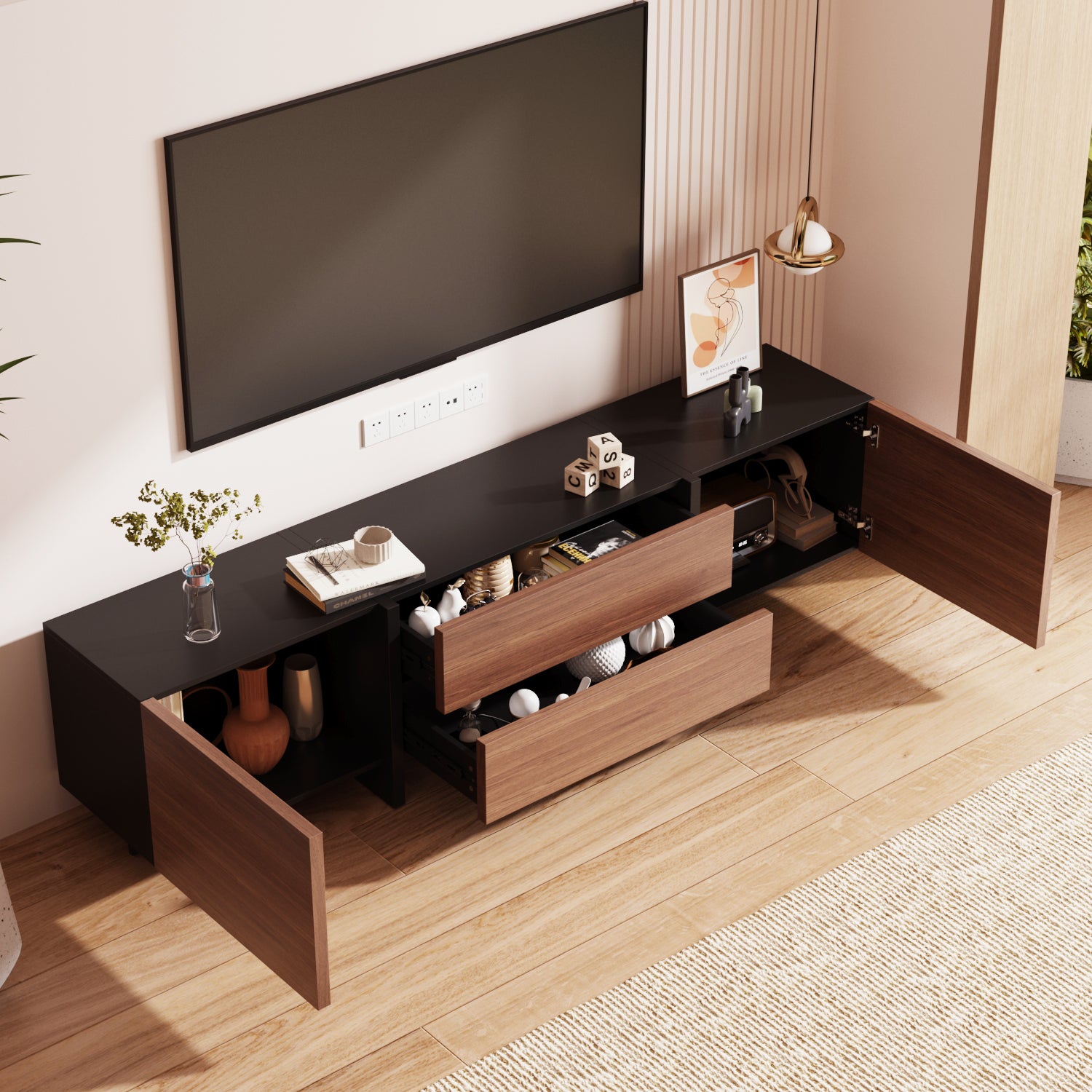 Modern TV Stand with 2 Wood Grain Drawers & Outward Opening Doors - 78.7