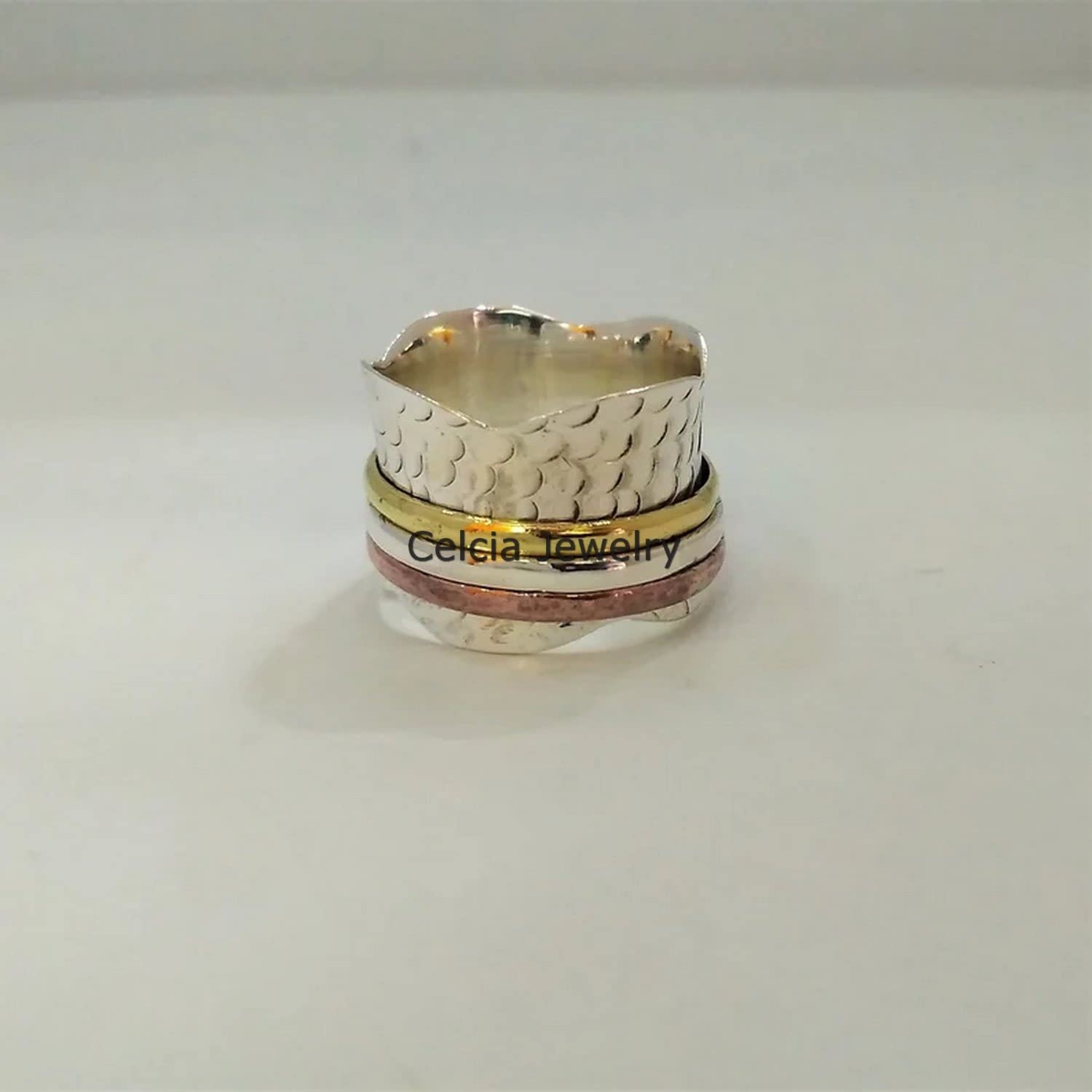 925 Sterling Silver Spinning Band Ring for Anxiety Relief - Unisex Fidget Ring for Meditation & Stress Relief - Three-Tone Spinner Worry Ring - Perfect Mothers Day Gift (Size 7) - Ideal for Office, Travel & Daily Relaxation