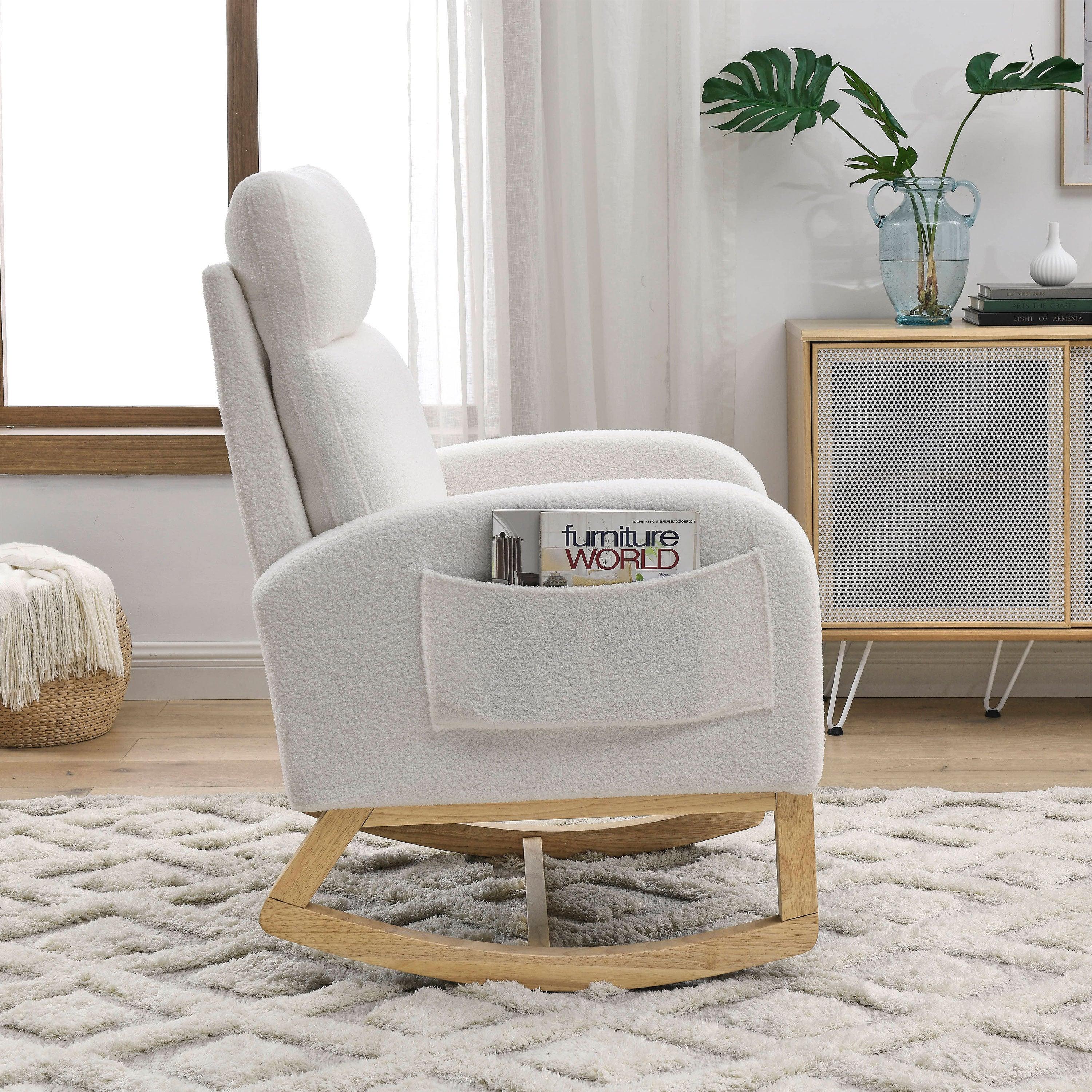 27.6W Modern Accent High Backrest Rocking Chair with Side Pockets - Teddy White (Ivory) - Perfect for Living Room, Lounge, Nursery & Reading Nook