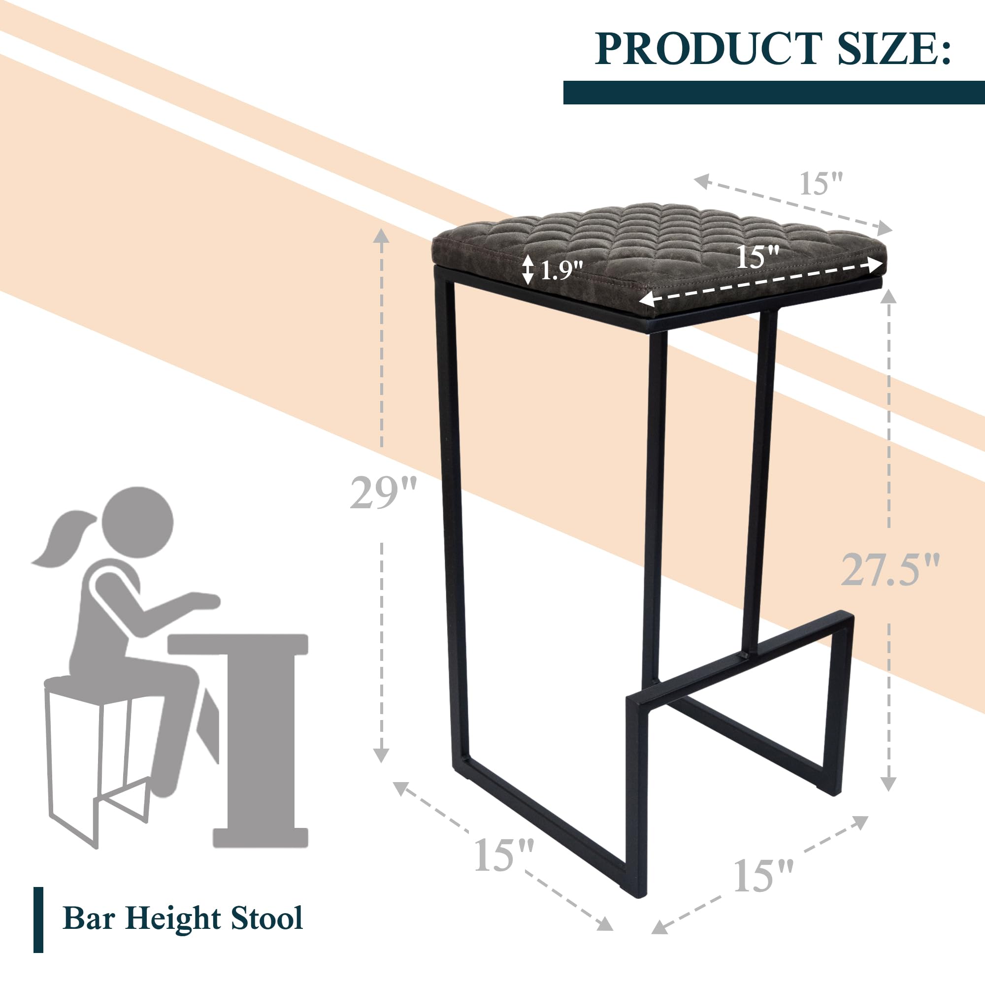 Quincy Quilted Leather Bar Stools Set of 2 - Grey Stitched Counter Height Stools with Metal Frame for Kitchen Island, Breakfast Nook & Home Bar | Durable & Comfortable Seating