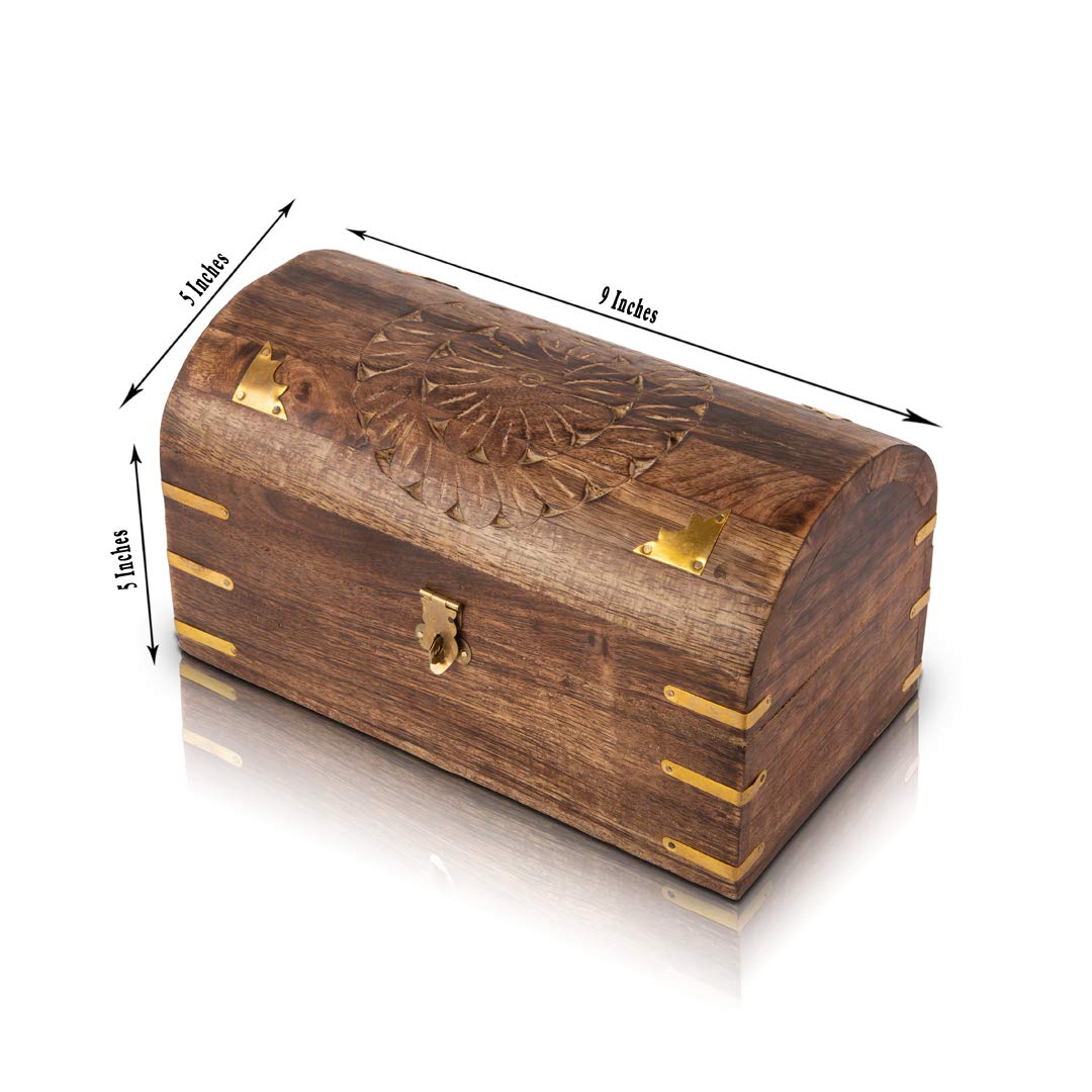 Handmade Wooden Jewelry Box with Lock & Key - 9x5 Inch Decorative Keepsake Organizer for Necklaces, Rings & Watches - Perfect Birthday, Anniversary Gift for Her - Jewelry Storage & Home Decor Treasure Chest