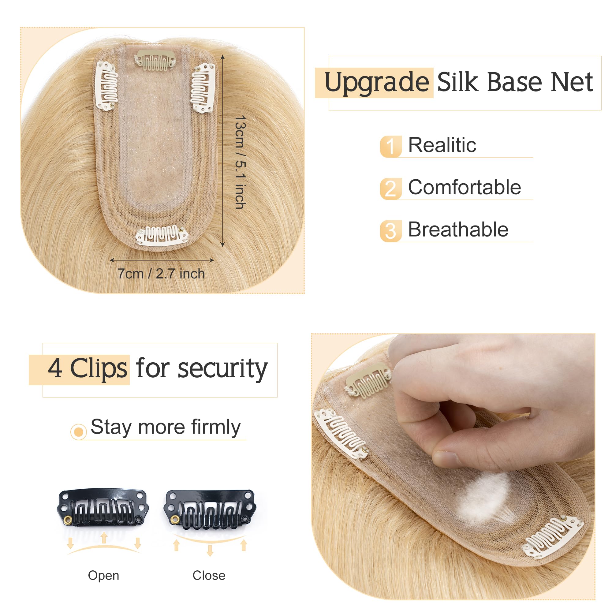 SEGO 100% Real Human Hair Toppers for Women with Thinning Hair - 7x13cm Silk Base Clip-in Top Wiglet, 16 Inch No Bangs Natural Blonde | Perfect for Daily Wear, Parties & Special Occasions