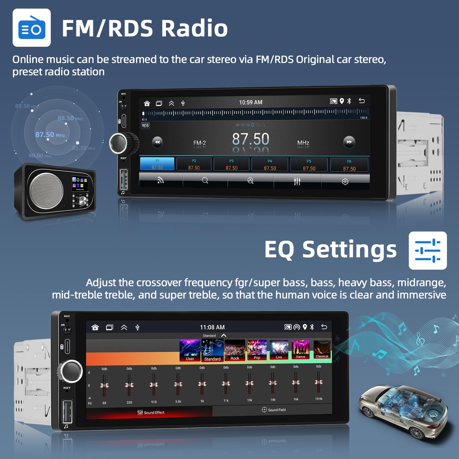 Hikity 6.9-Inch Single Din Car Stereo with Apple CarPlay & Android Auto - Wireless Bluetooth Touchscreen Receiver, FM Radio, USB/AUX Input, Rear View Camera Support - Perfect for Commuting, Road Trips & Hands-Free Driving