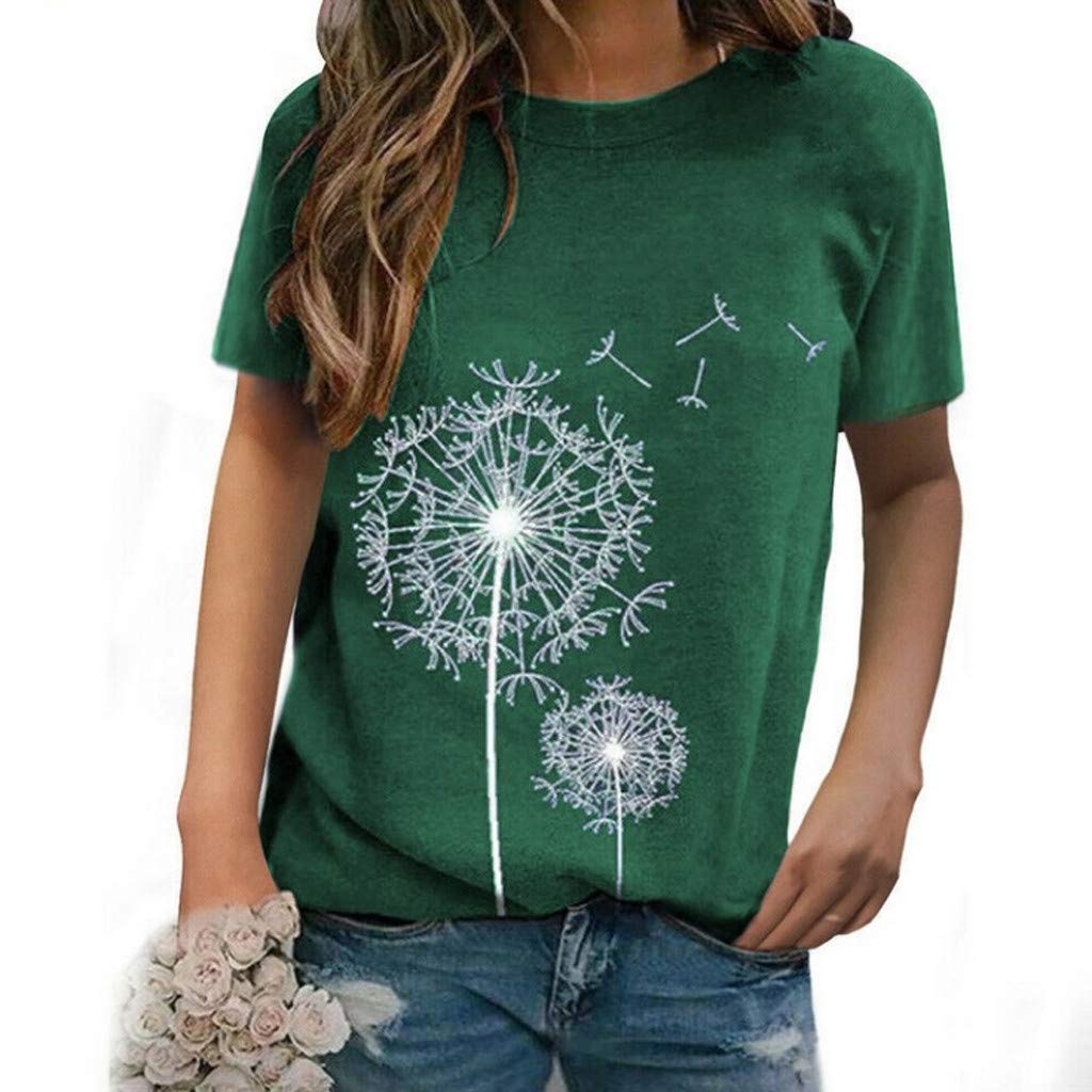 Gerichy Women's Short Sleeve Floral Print T-Shirt - Casual O-Neck Dandelion Blouse for Summer Outfits, Beach Wear & Everyday Comfort