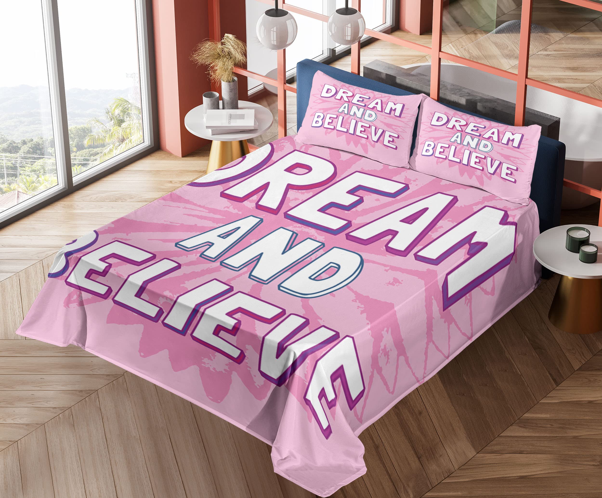Ambesonne 4-Piece King Size Sheet Set - Dream and Believe Floral Geometric Print, Pink & White Bedding with Fitted Sheet, Flat Sheet & Pillowcases | Perfect for Master Bedrooms, Guest Rooms & Bohemian Home Decor