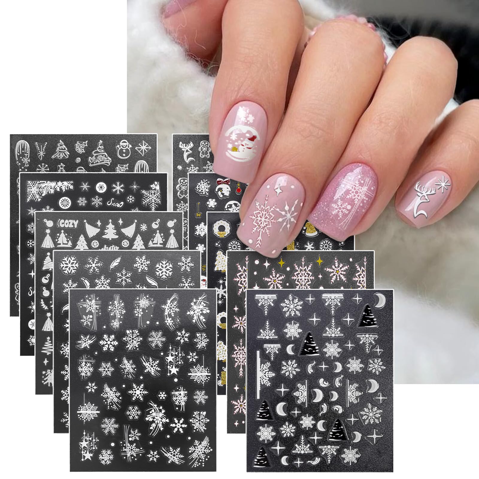 10 Sheets 3D Snowflake Nail Art Stickers - Self-Adhesive Christmas Nail Decals in Black, White, Gold & Silver | Winter Snowflake Nail Designs for Women | Perfect for Holiday Parties, Christmas Gifts & Winter Nail Art