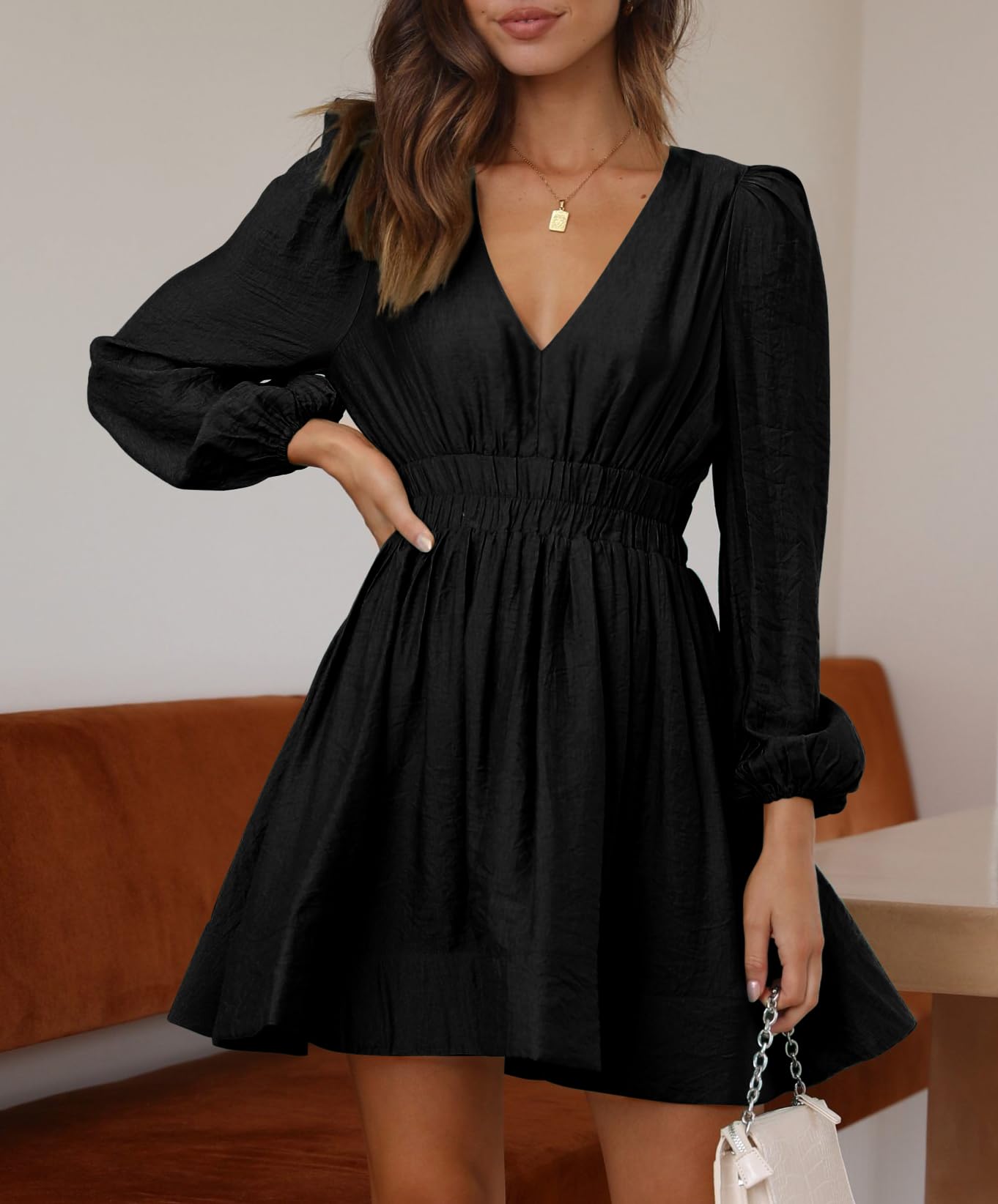 BWQ Women's Mini Dress - Long Sleeve Deep V Neck Sexy A-Line Elastic High Waist Flowy Party Dress for Night Out, Date Night, Cocktail Party