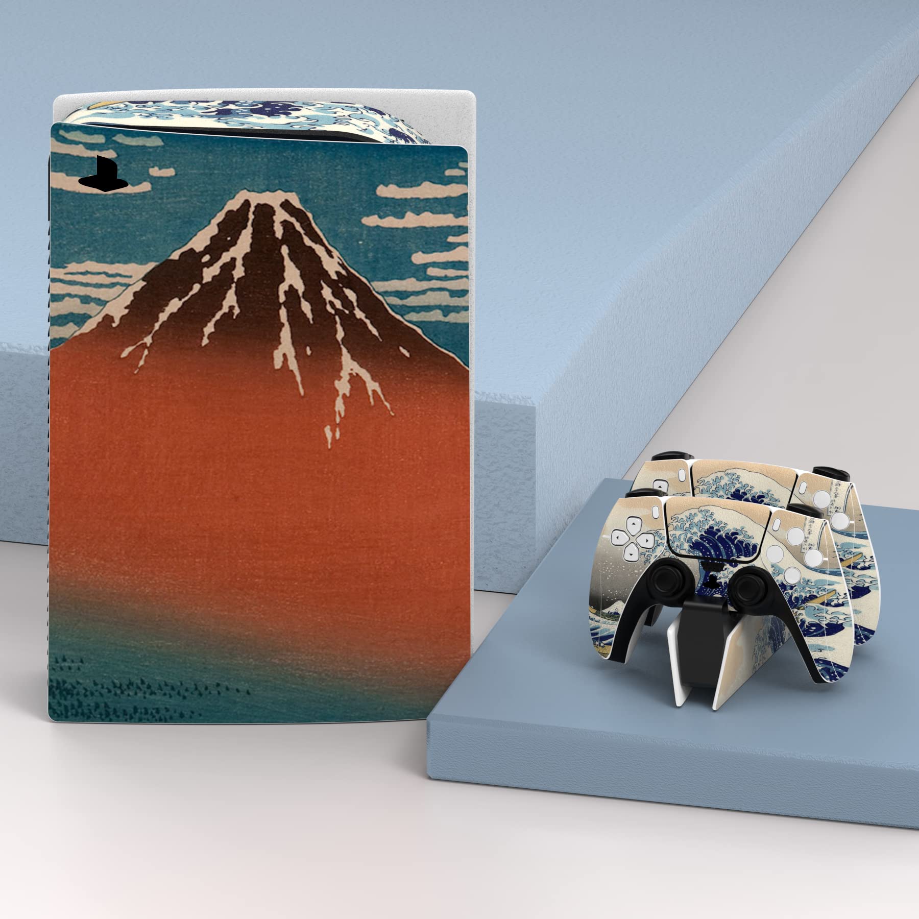 PlayVital The Great Wave Full Skin Decal Set for PS5 Console Disc Edition - Protective Vinyl Stickers for PS5 Controller, Charging Station, Headset & Media Remote - Japanese Wave Art Design for Gaming Setup & Home Decor