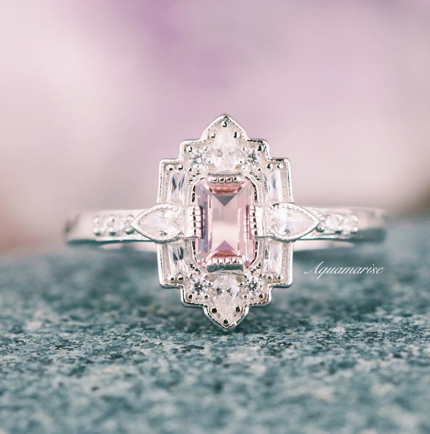 Art Deco Morganite Mosaic Ring in Sterling Silver - Vintage Inspired Jewelry for Women, Elegant Gift for Anniversary, Engagement or Special Occasions
