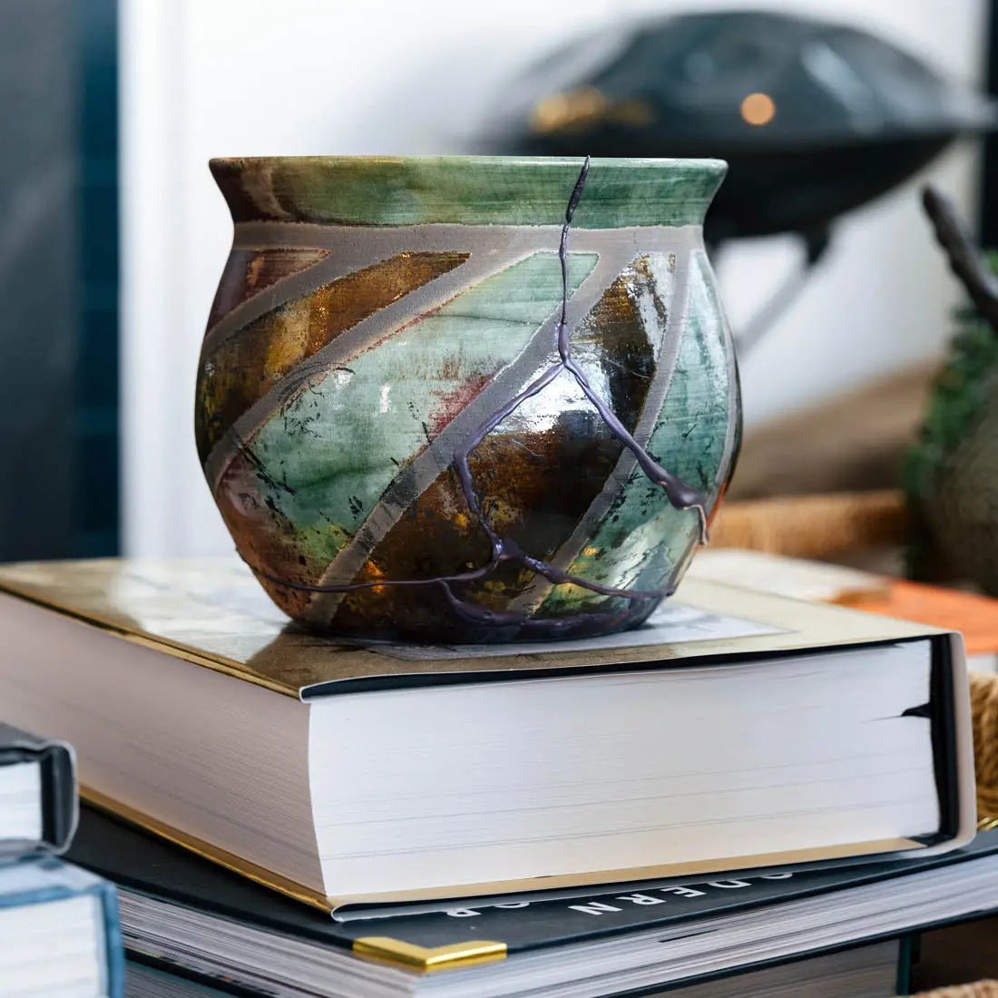 #34 Large Raku KINTSUGI Decorative Pot - Leafy Greens, Coppers & Iron - Creative Collection | Japanese Ceramic Planter for Home Decor, Office & Garden