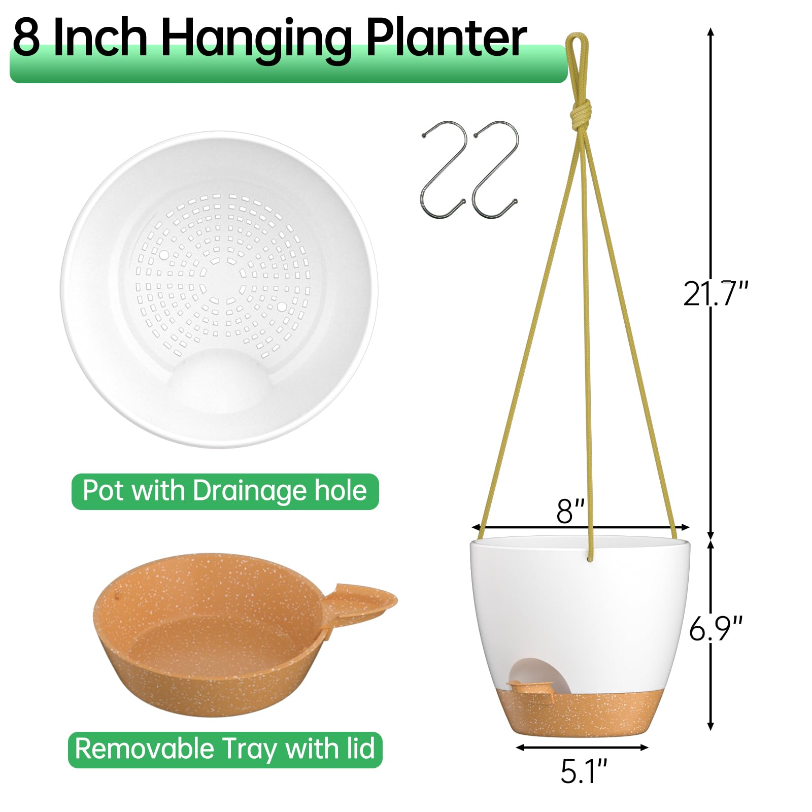 ZMTECH 8 Inch Self Watering Hanging Planters - 2 Pack Indoor Outdoor Plastic Flower Pots with Drainage Holes & Removable Saucer - Perfect for Balcony, Patio, Garden Decor (White)