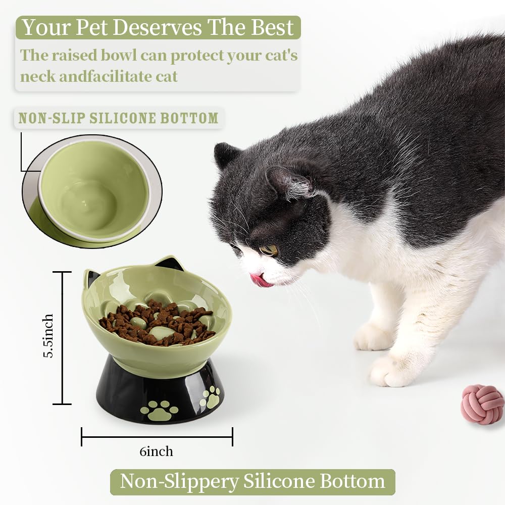 Happy Kit Slow Feeder Dog Bowl - 6 Inch Non-Slip Silicone Base Cat Food Dish with Elevated Design for Better Digestion - Anti-Vomiting Ceramic Pet Bowl for Dry & Wet Food (Green) - Perfect for Fast Eaters & Mealtime Enrichment