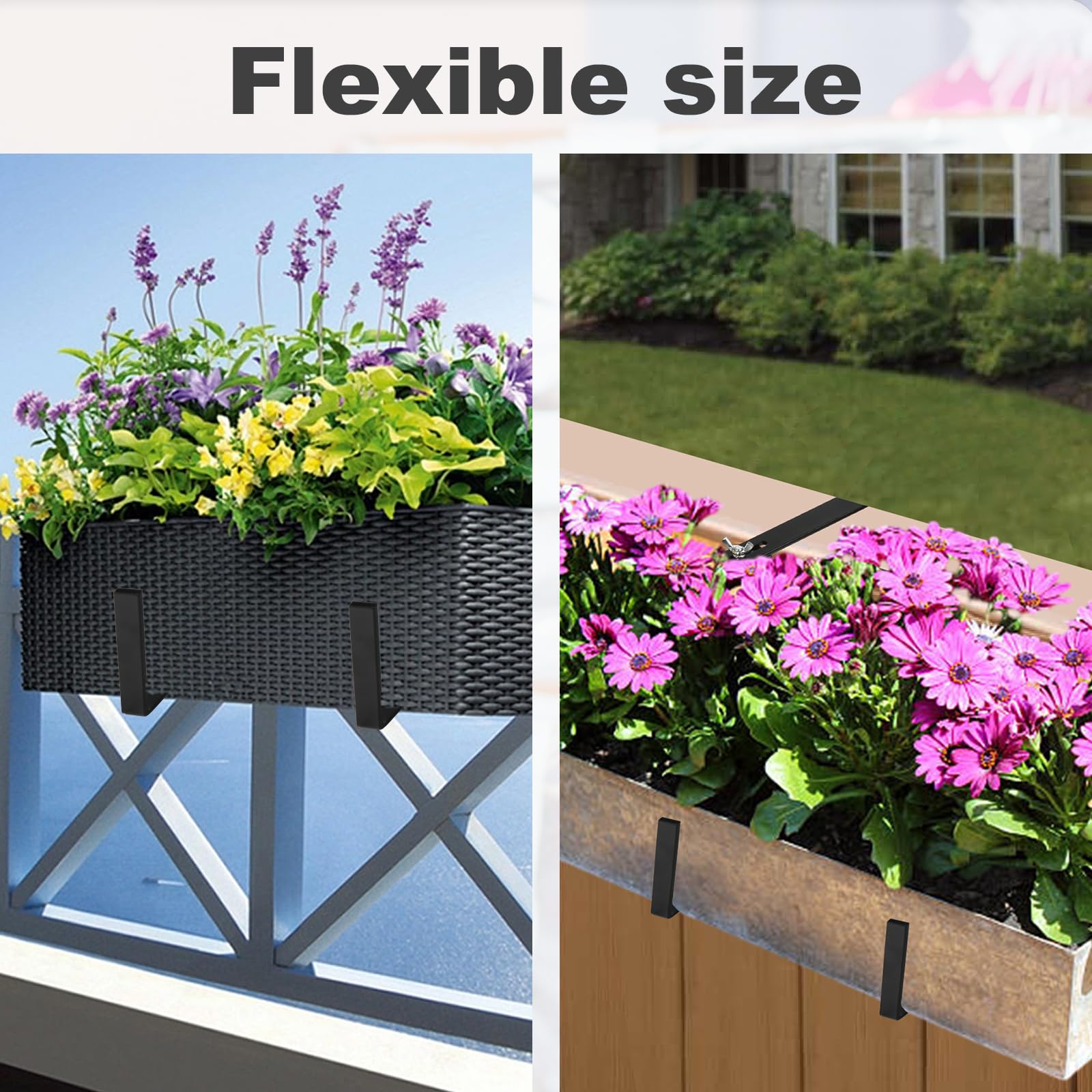 2 Pack Heavy Duty Adjustable Planter Box Brackets for Deck Railing - 6-12.5 Inch Window Box Holders for Brick Sill, Fence & Balcony - Outdoor Garden Flower Pot Hangers for Patio, Porch & Backyard Decor (Black)