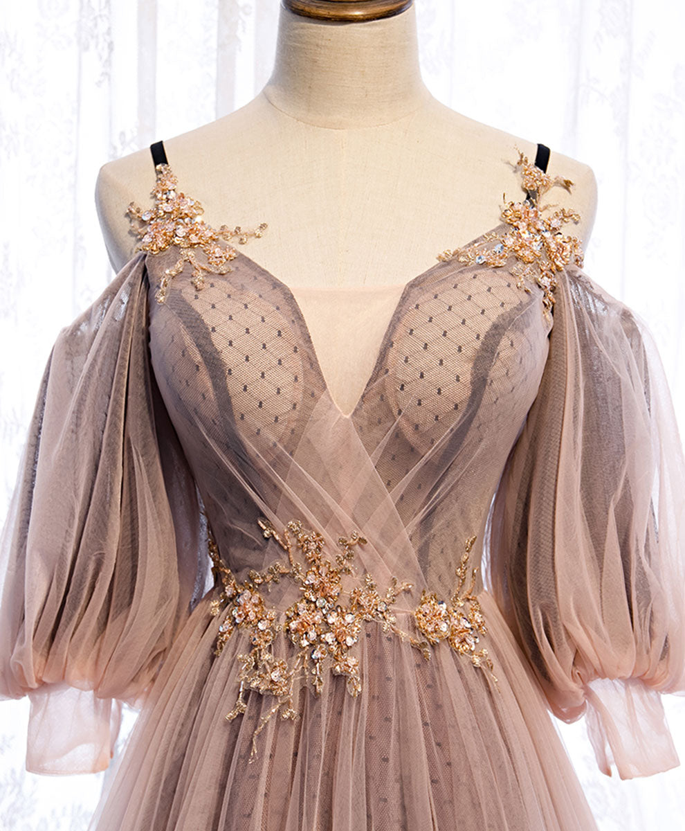 Elegant Pink V-Neck Tulle Lace Long Prom Dress - Formal Evening Gown for Homecoming, Ball & Special Occasions