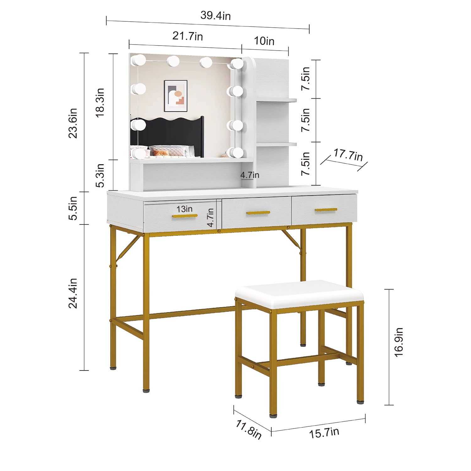 Lighted Vanity Table with Mirror & 3 Drawers - Makeup Dressing Desk with Storage, Includes Wide Cushioned Stool - Perfect for Bedroom, Home Decor & Beauty Routine (White)