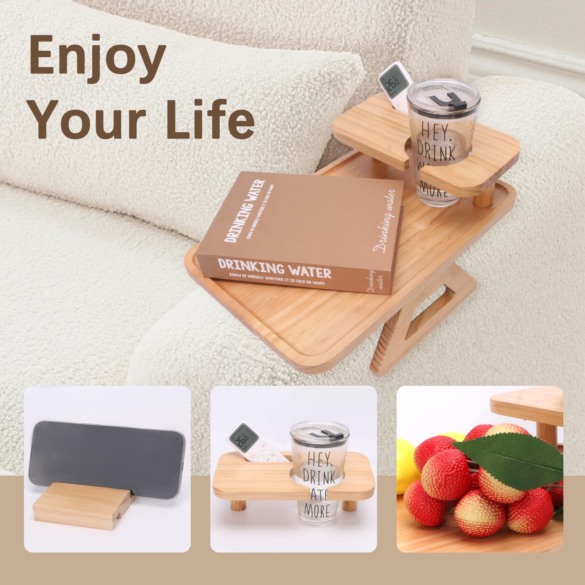 360° Rotating Couch Arm Tray with Phone & Cup Holder - 15.3x9.8 Inch Sofa Armrest Table for Snacks, Remotes & Drinks - Natural Wood Side Table for Living Room, Bedroom & Office Use