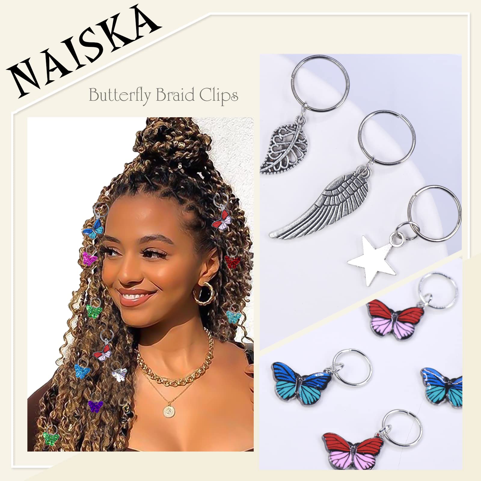 NAISKA 20Pcs Silver Butterfly Hair Clips - Dreadlock Accessories with Colorful Pendant Charms, Braid Beads & Cuffs - Hair Jewelry Gifts for Women (Perfect for Boho Style, Festivals, and Everyday Hair Styling)