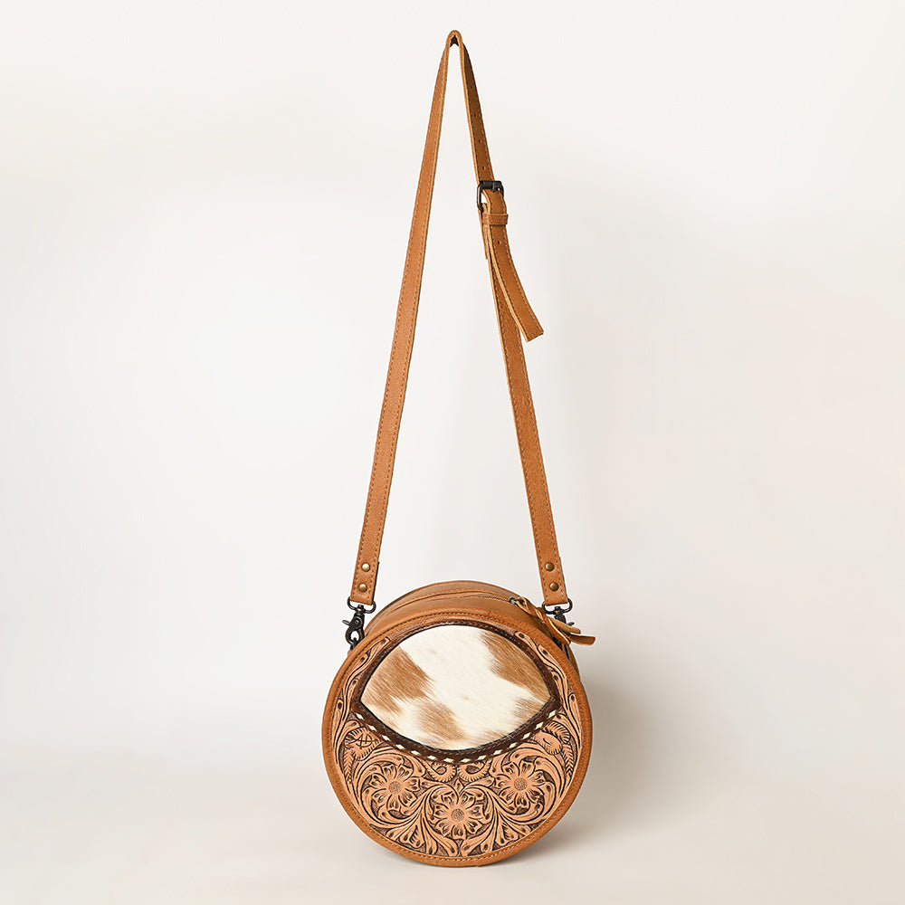 American Darling ADBG563TAW Genuine Leather Women's Western Handbag - Hand Tooled Hair-On Cowhide Canteen Purse for Cowgirl, Rodeo & Country Style Fashion Accessory
