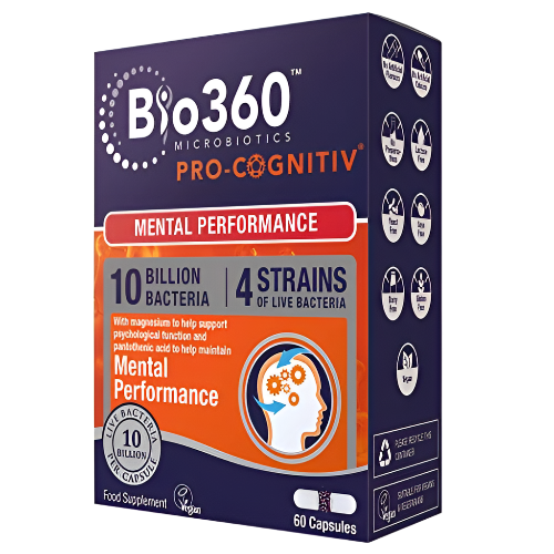 Bio360 Pro Cognitiv - 10 Billion Probiotic Bacteria for Mental Performance & Focus | Natures Aid Supplement | 60 Vegan Capsules | Supports Memory, Clarity & Brain Health | Ideal for Students, Professionals & Busy Lifestyles