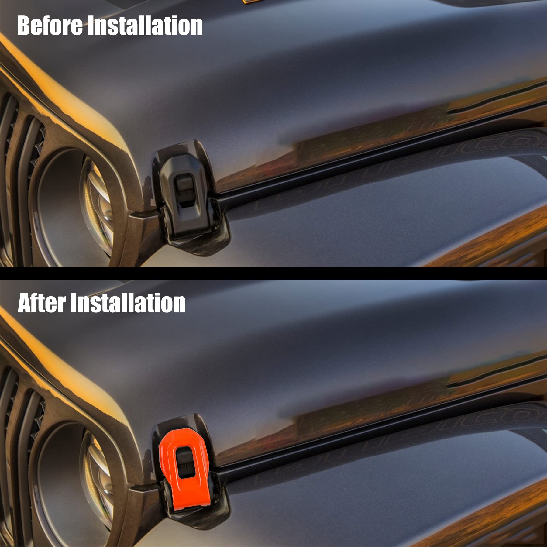 Jeep Wrangler JL JLU & Gladiator JT Hood Latch Lock (2018-2021) - Orange External Cover Catch Bracket Accessories | Off-Road Protection & Custom Styling Upgrade