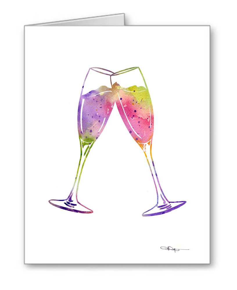 Elegant Champagne Glasses Set of 10 with Watercolor Art Note Cards - Perfect for Weddings, Anniversaries & Special Celebrations - Handpainted by Artist DJ Rogers