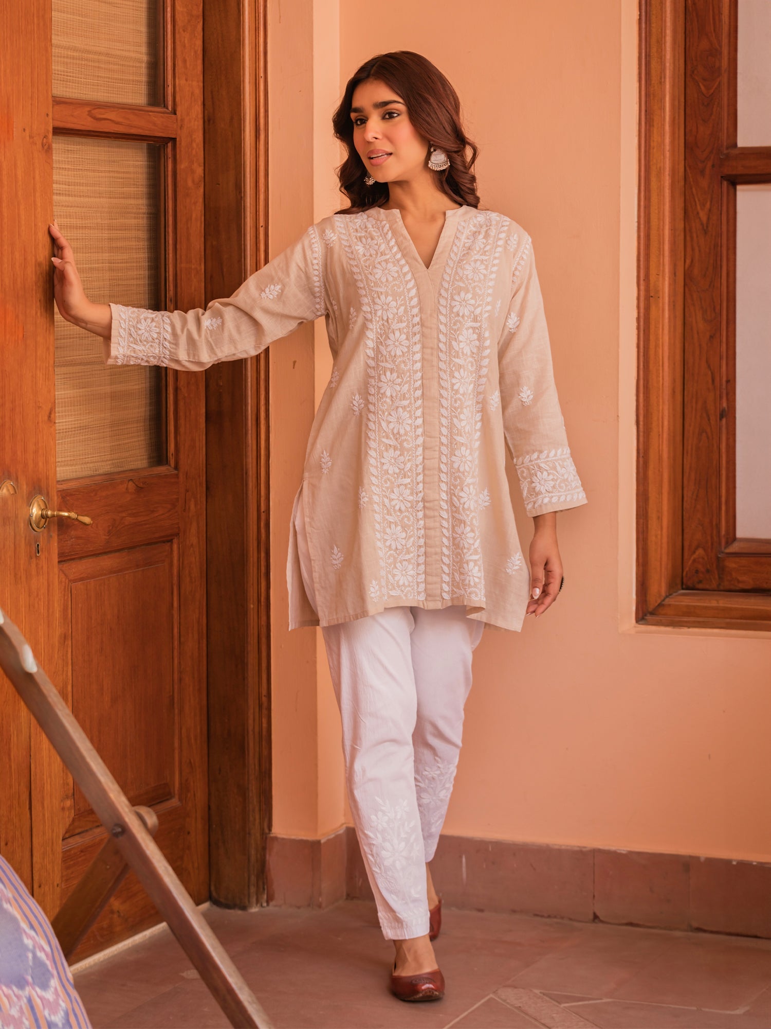 Elegant Saba Chikankari Embroidered Short Kurta - Premium Slub Cotton Beige Tunic for Women | Perfect for Casual Wear, Festivals & Summer Outfits