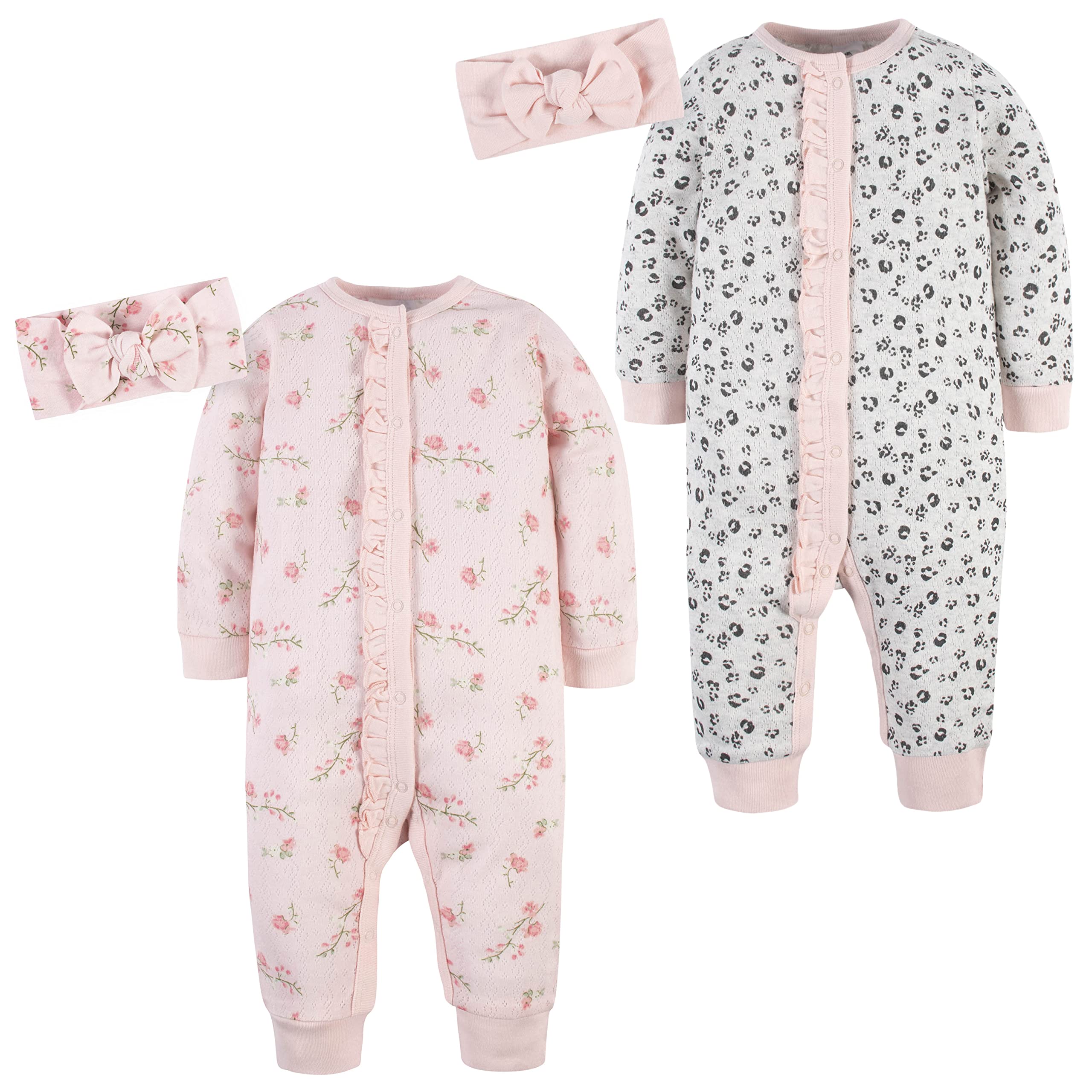 Gerber Baby Girls' 4-Piece Coveralls & Headband Sets - Leopard & Floral Print Outfits for 0-3 Months | Soft Cotton Infant Romper & Headband Combo for Newborn Photo Shoots, Playdates & Special Occasions