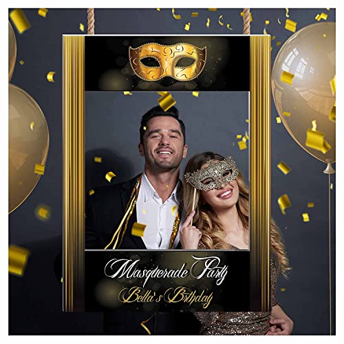 Masquerade Party Decorations & Photo Booth Props - 36x24 & 48x32 Custom Mask Party Supplies, Black Gold Selfie Frame for Mardi Gras, Birthday Celebrations - Perfect for Themed Parties, Carnivals & Social Media Photo Booths