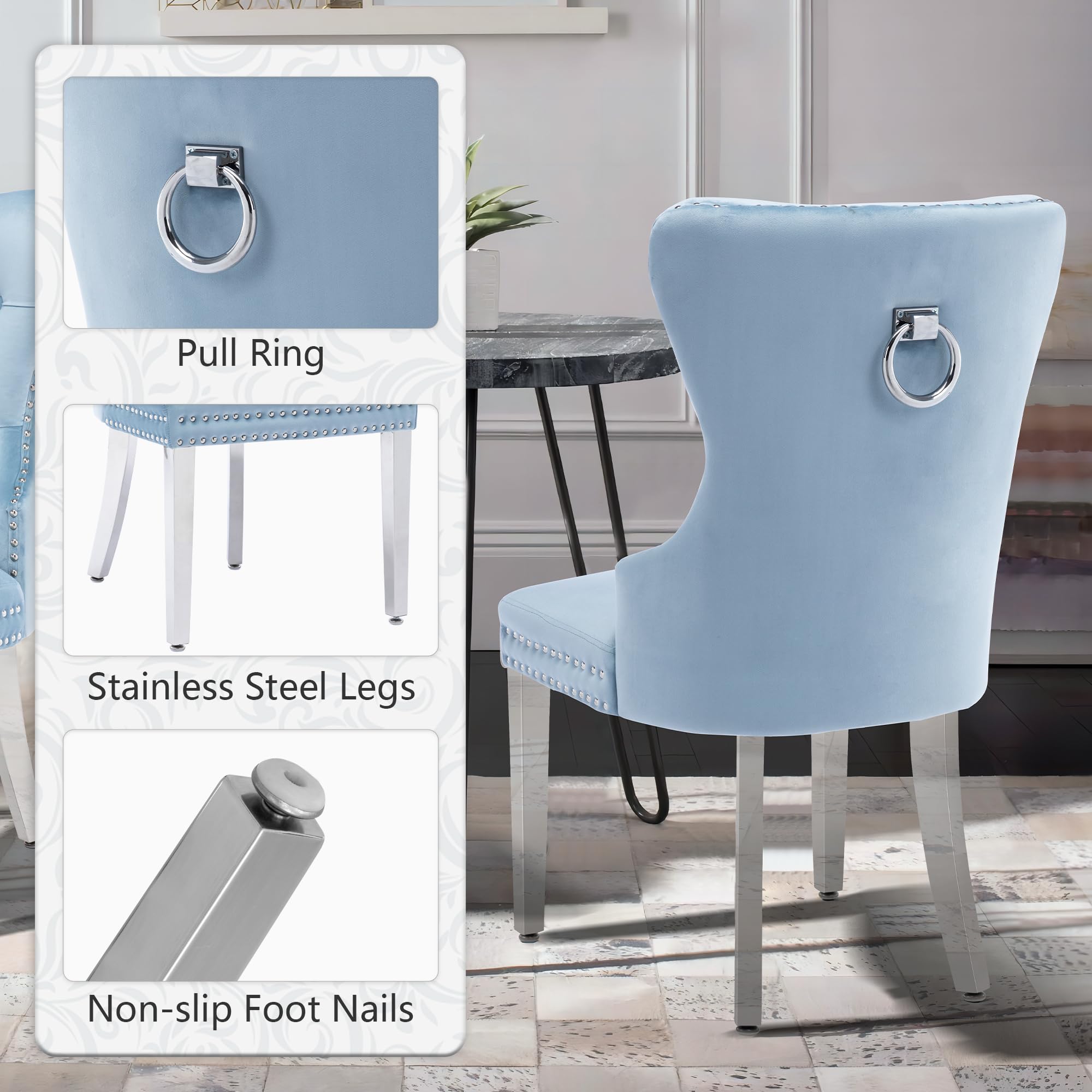 Luxury Velvet Dining Chairs Set of 2 - Tufted Upholstered Dining Room Chairs with Stainless Steel Legs & Ring Pull Details, Navy Blue - Perfect for Modern Dining Room, Kitchen Breakfast Nook & Home Office Decor