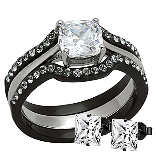 FlameReflection Stainless Steel Wedding Ring Set for Women - Cushion Cut Cubic Zirconia Engagement Band, Black/Brown Options (Matching CZ Stud Earrings Available) - Perfect for Anniversaries, Proposals & Everyday Elegant Wear