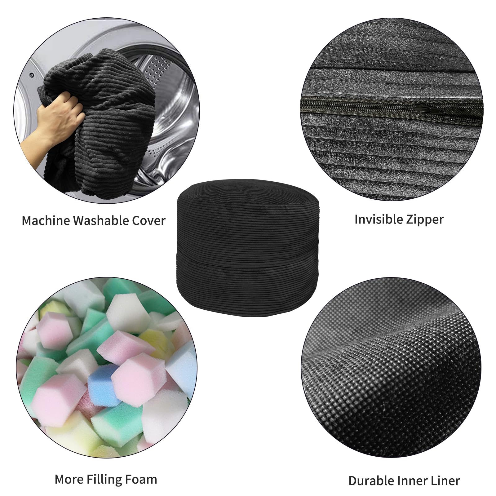 4FT Giant Bean Bag Chair for Adults - Plush Microfiber Removable Cover with Memory Foam - Oversized Comfortable Sofa Chair for Reading, Gaming & Relaxation - Perfect for Living Room, Bedroom & Game Room (Black)