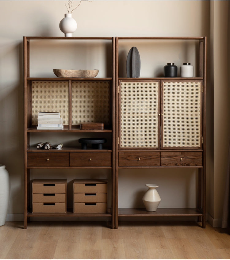 Solid Black Walnut & Ash Wood Bookshelf Display Cabinet - Modern Bookcase for Living Room, Office & Library Storage