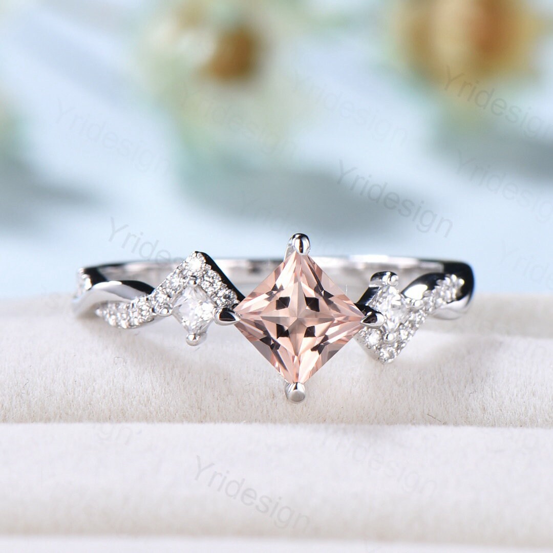 5mm Princess Cut Morganite Engagement Ring Rose Gold - Unique Peach Morganite Infinity Moissanite Wedding Band Vintage Anniversary Rings for Women - Perfect for Proposals, Weddings & Romantic Gifts