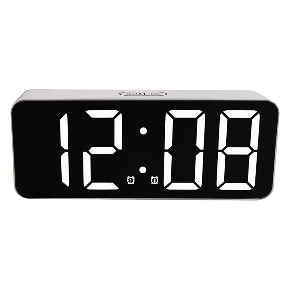 VOSAREA Digital Alarm Clock with Large LED Display, Mirror Surface, Temperature & Calendar - White/Black Desktop Clock for Bedroom, Office, Makeup Table & Nightstand