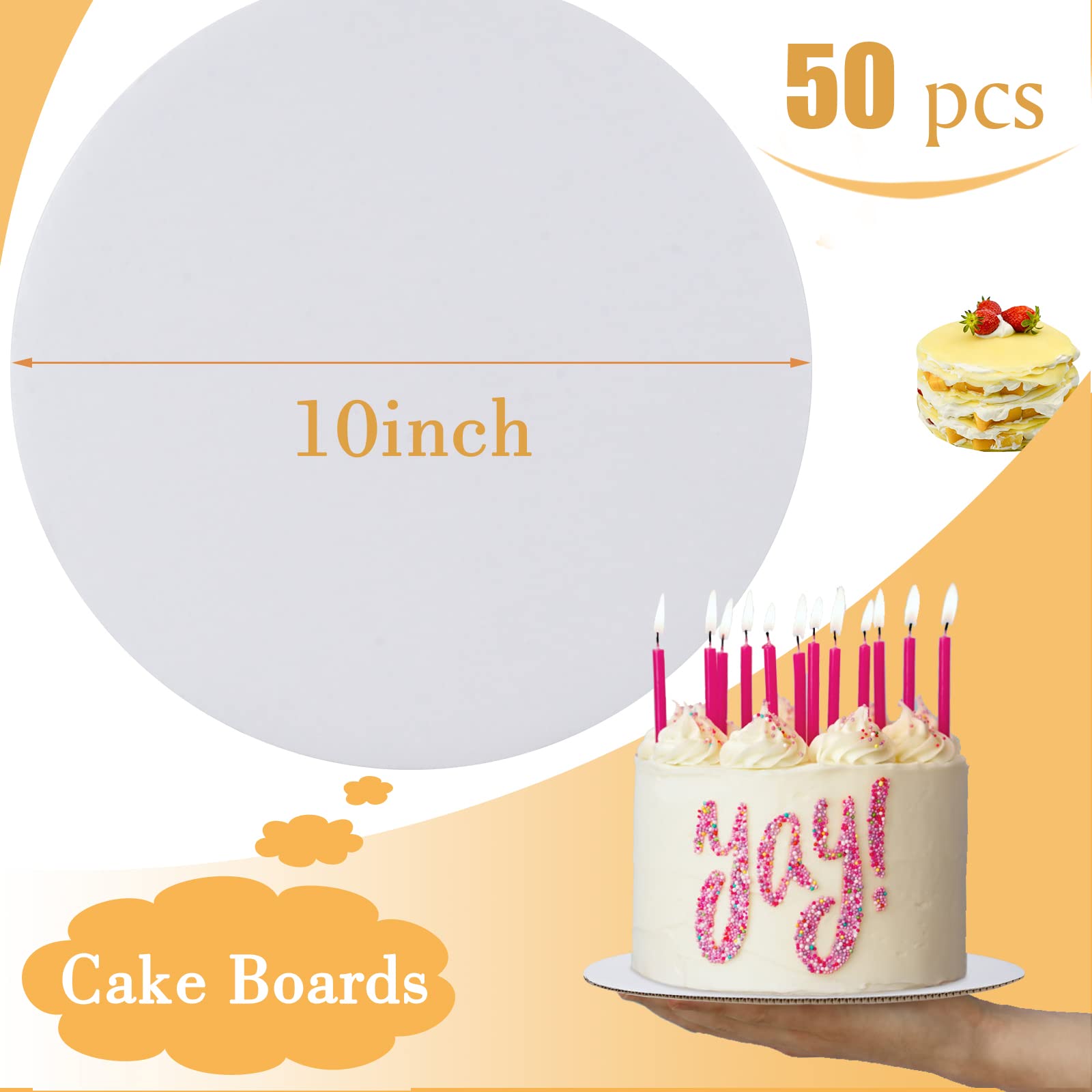 50-Pack 10 Inch Round White Cardboard Cake Boards - Food Grade Disposable Cake Plates & Bases for Baking, Decorating, and Serving - Perfect for Birthday Cakes, Wedding Cakes, and Dessert Displays
