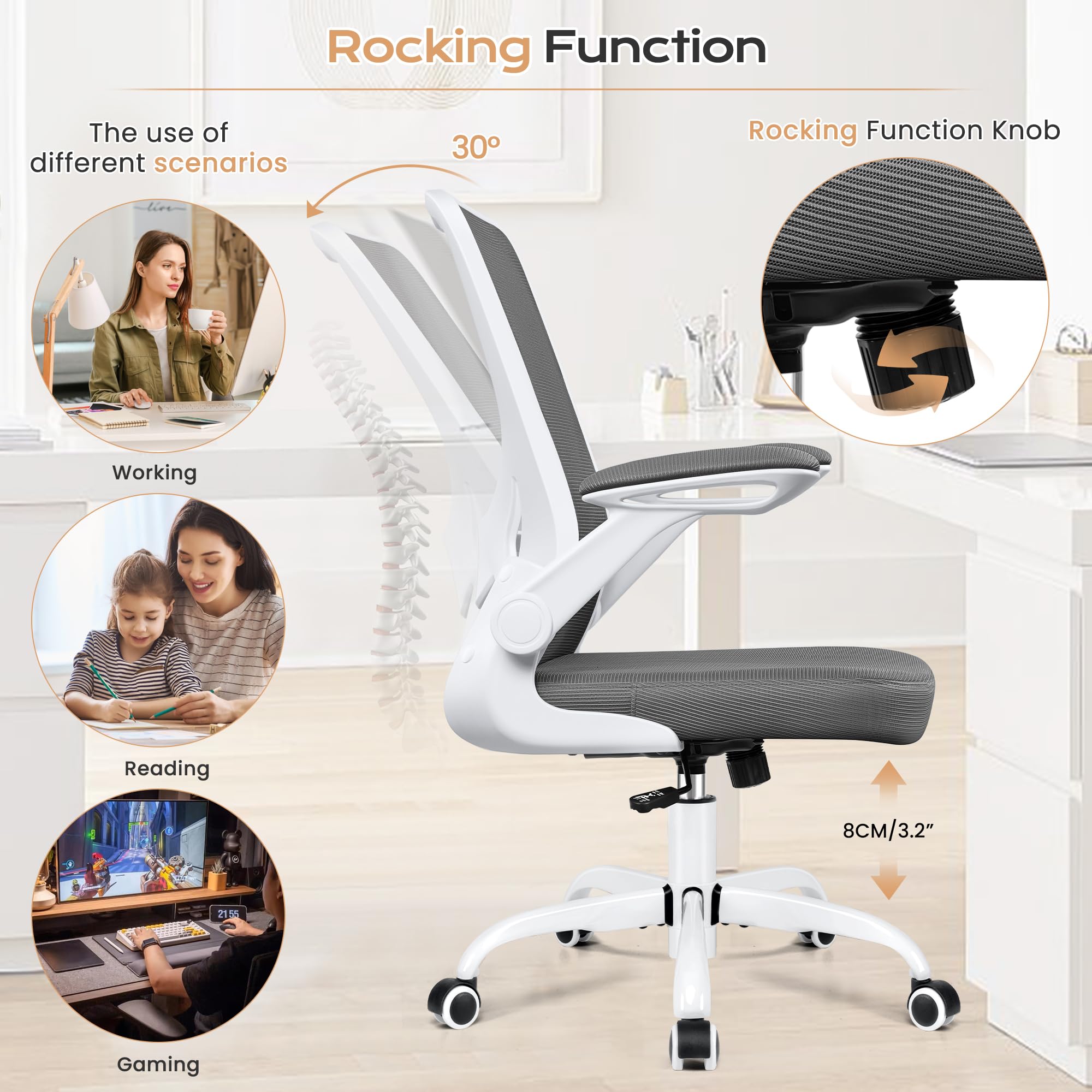 KERDOM Ergonomic Office Chair with Lumbar Support - Adjustable Height Mesh Computer Chair with Wheels & Flip-Up Arms - Swivel Task Chair for Home, Gaming & Workspaces - Perfect for Long Hours of Work or Gaming
