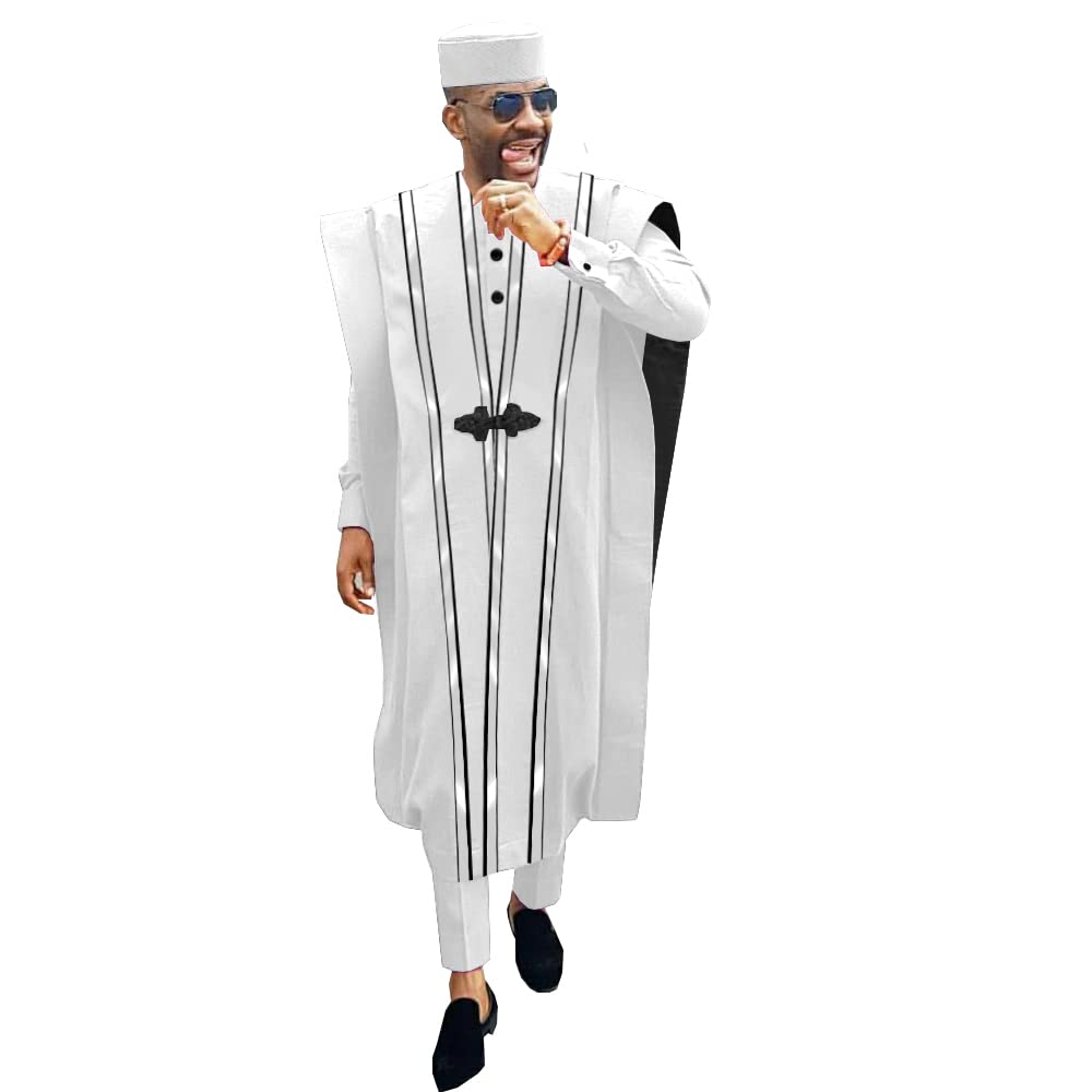 African Men's Agbada Robe & Dashiki Shirt Set with Ankara Pants & Tribal Hat - 4 Piece Traditional Wedding & Evening Outfit for Special Occasions