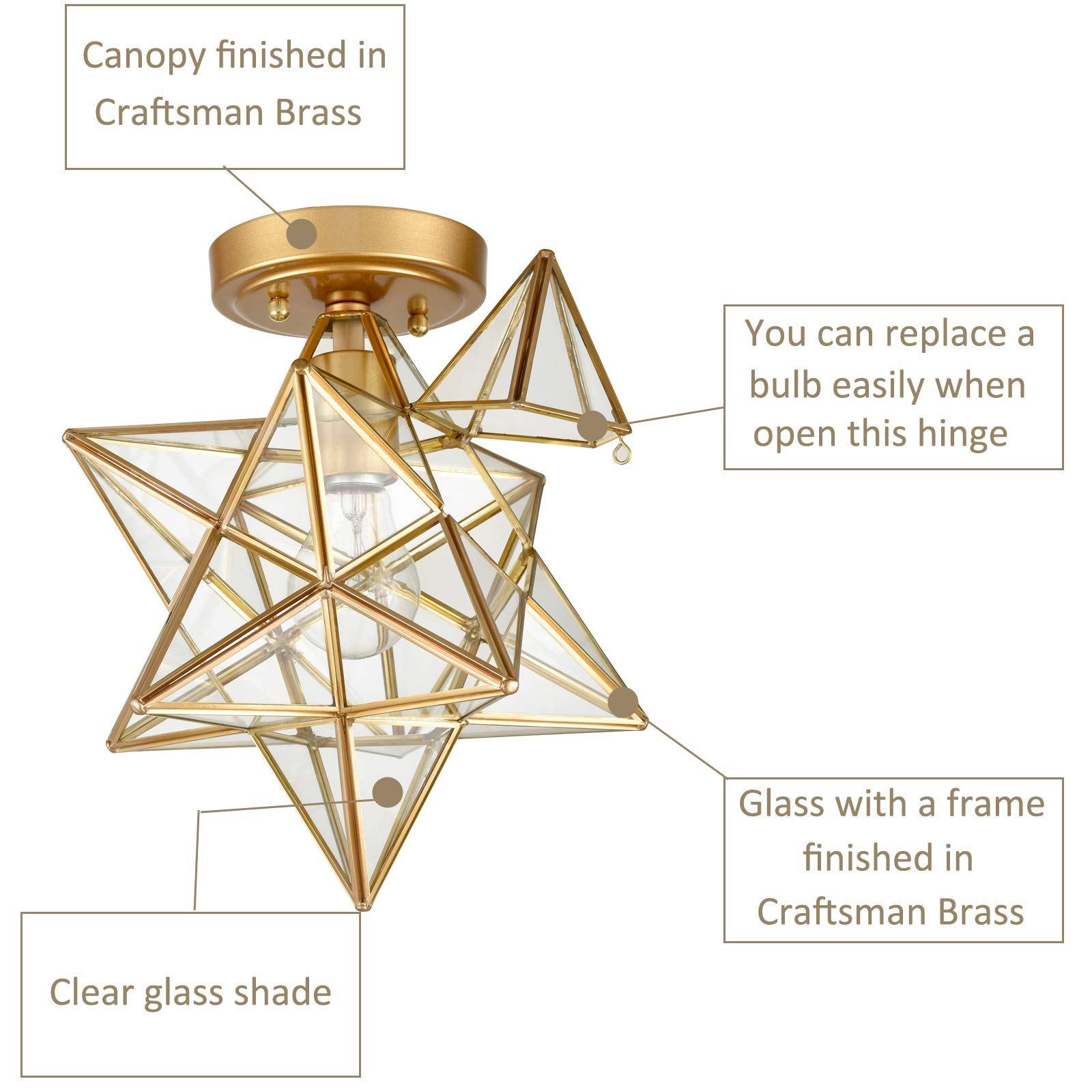 Brass Moravian Star Flush Mount Ceiling Light with Clear Glass - Vintage Industrial Pendant Lighting for Bedroom, Living Room, Dining Room & Hallway