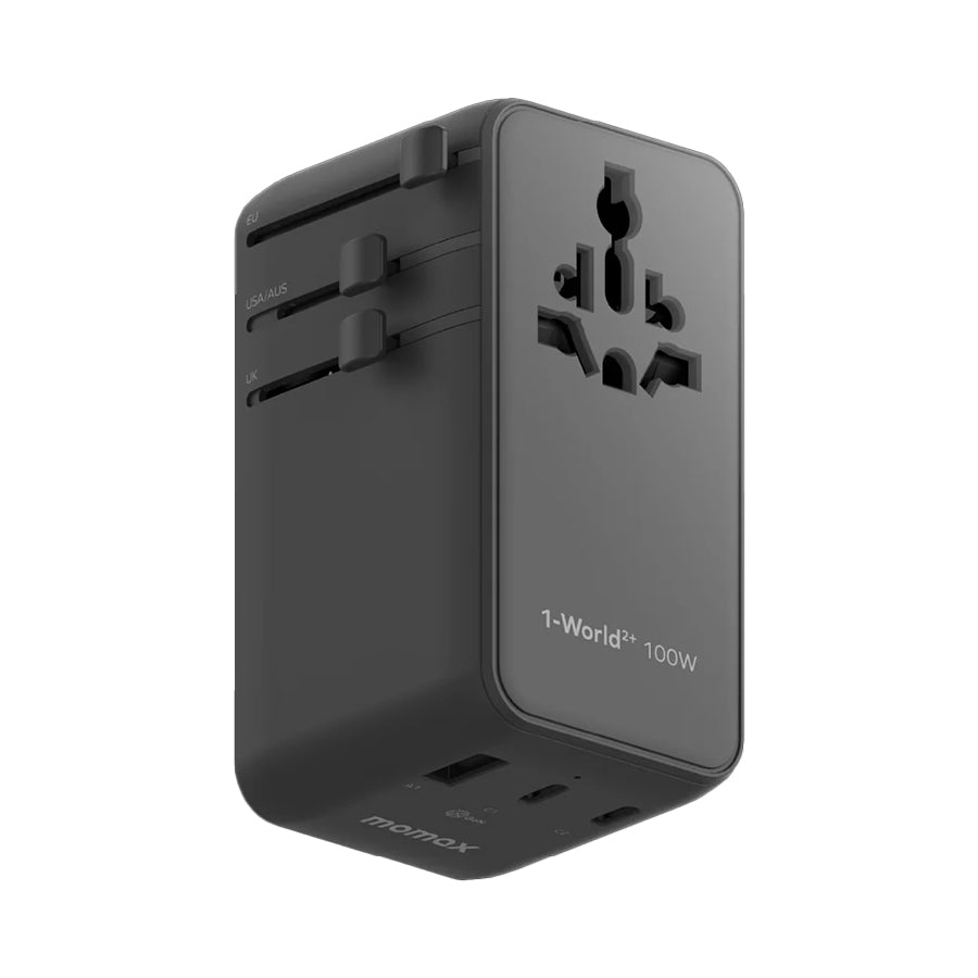 MOMAX 100W World2+ Universal Travel Adapter - Fast Charging Power Plug for Laptop, Phone & Tablet - Perfect for Business Trips & International Travel (Black)