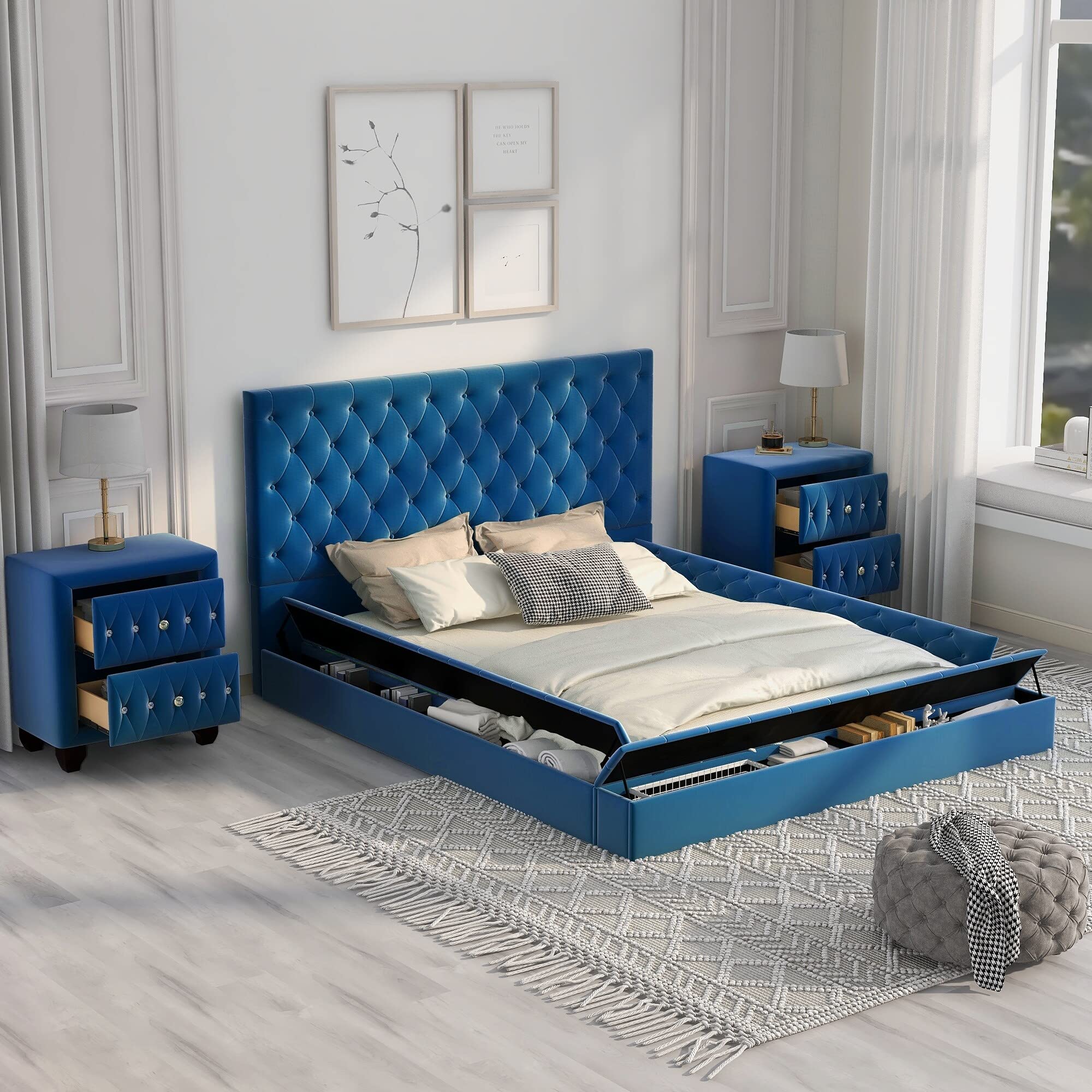 Modern Low Profile Upholstered Platform Bed with Storage & 2 Nightstands - Blue Contemporary Bedroom Set with Hardware Included | Perfect for Small Spaces & Master Bedrooms