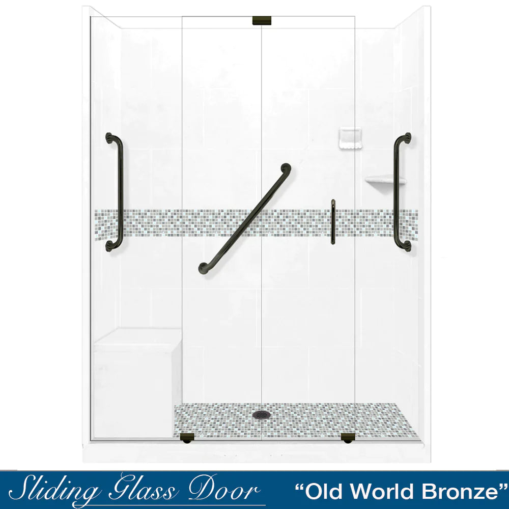 60 Alcove Natural Buff Sistine Stone & Del Mar Mosaic Accent DIY Shower Remodel Kit with Free Shampoo Niche - Bathroom Renovation Tile Set for Shower Walls and Backsplash