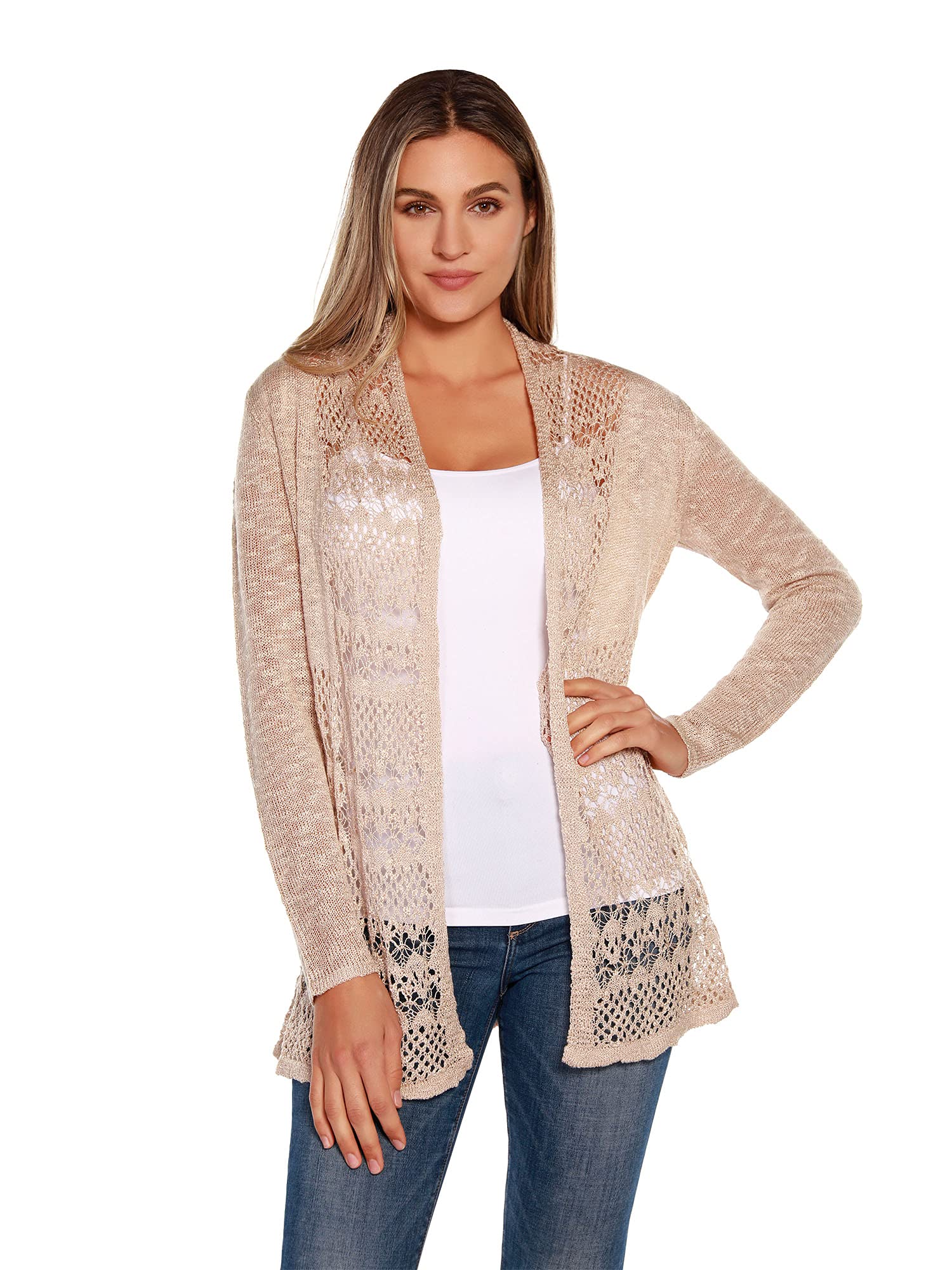 Women's Long Sleeve Crochet Knit Swing Cardigan Sweater - Boho Chic Lace Open Front Cover Up for Fall & Winter - Perfect for Casual Outfits, Date Nights and Office Wear