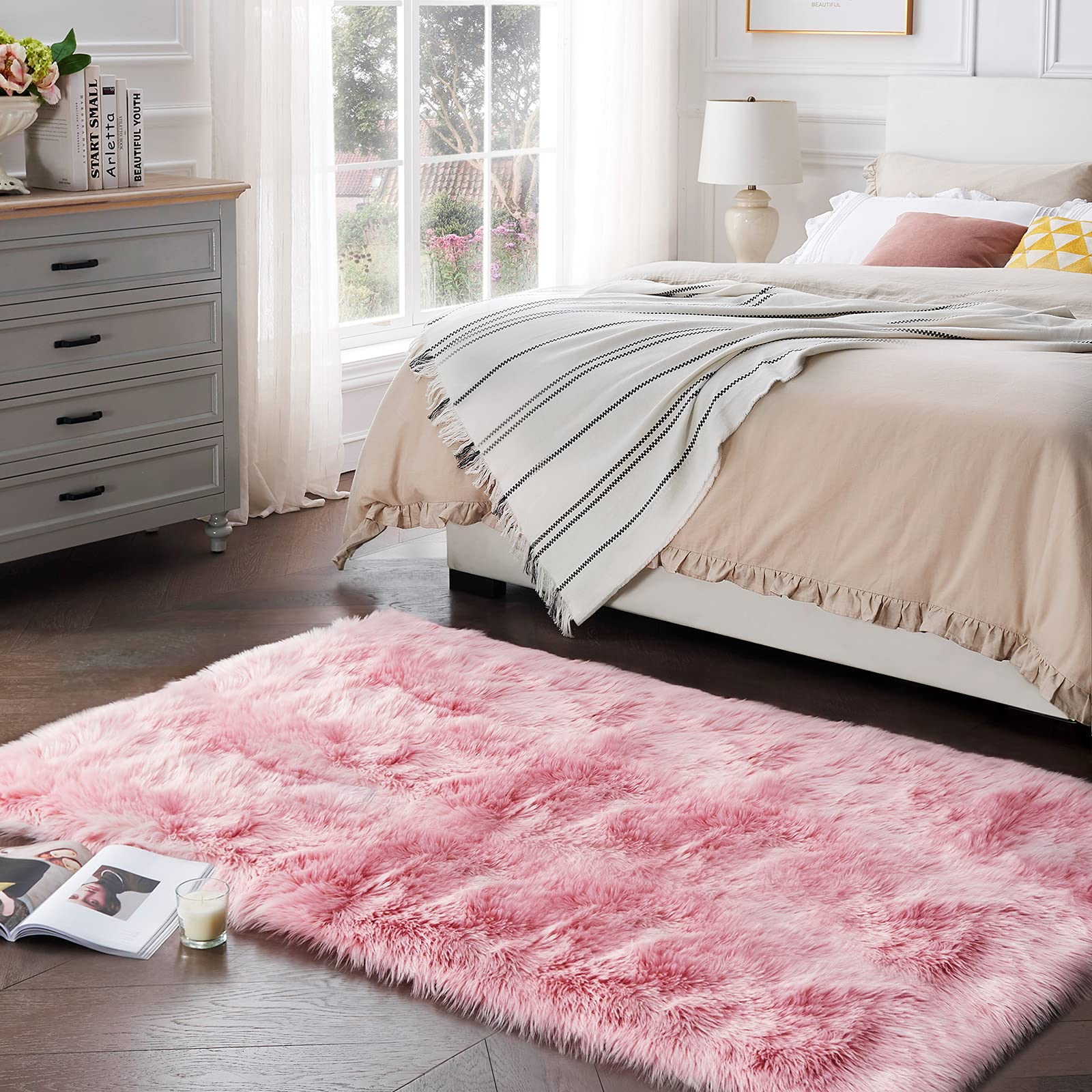 Ultra Soft Fluffy Faux Sheepskin Rug - Pink Shaggy Fuzzy Fur Rug 4x6 Feet for Bedroom & Living Room Decor - Cozy Accent Rug for Warmth & Style (Rectangle, Pink)