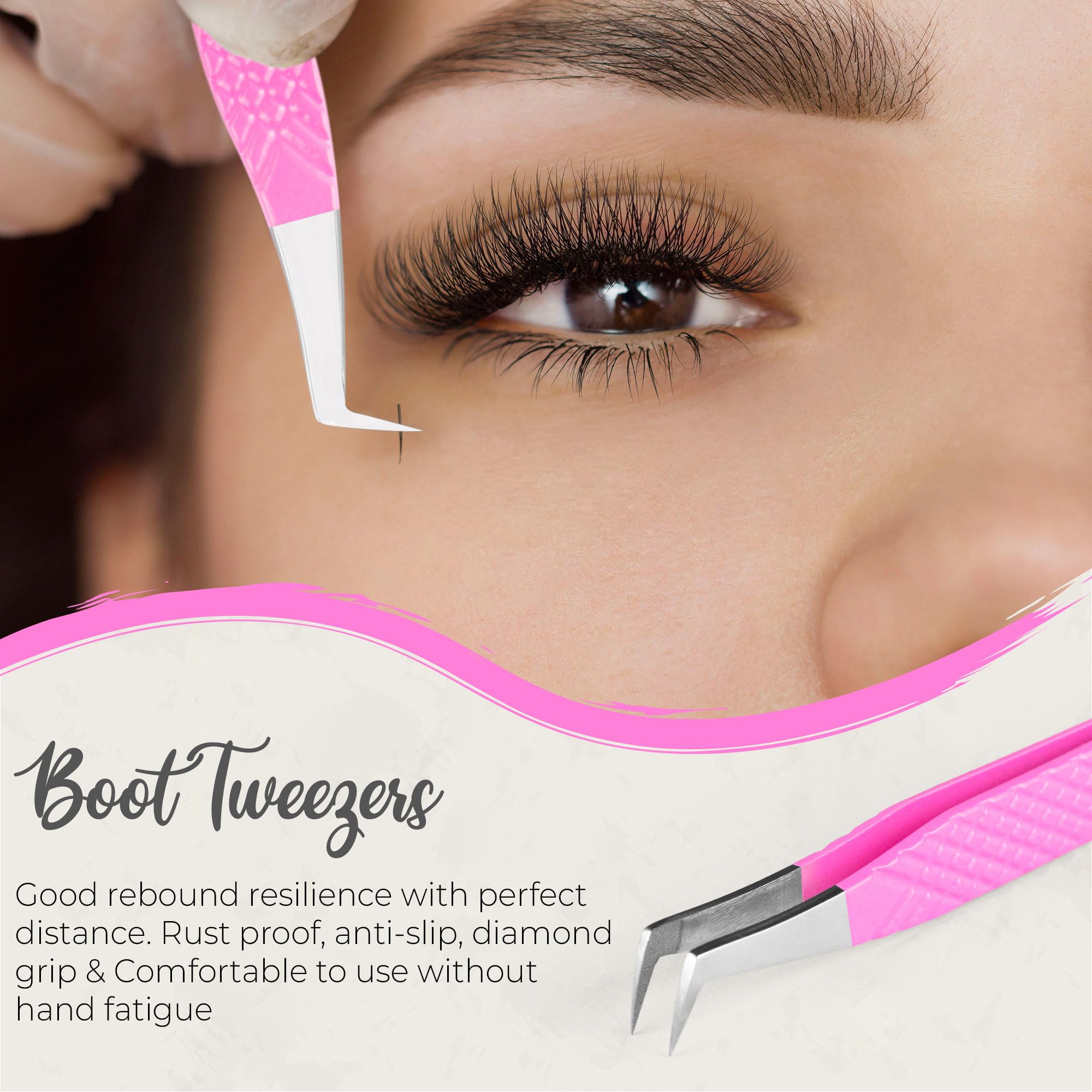 Professional 5Pcs Stainless Steel Eyelash Extension Tweezers Set - Volume & Isolation Curved Tweezers for Lash Artists | Perfect for Salon, Home Use & DIY Nail Art (Pink 3-Piece Set)
