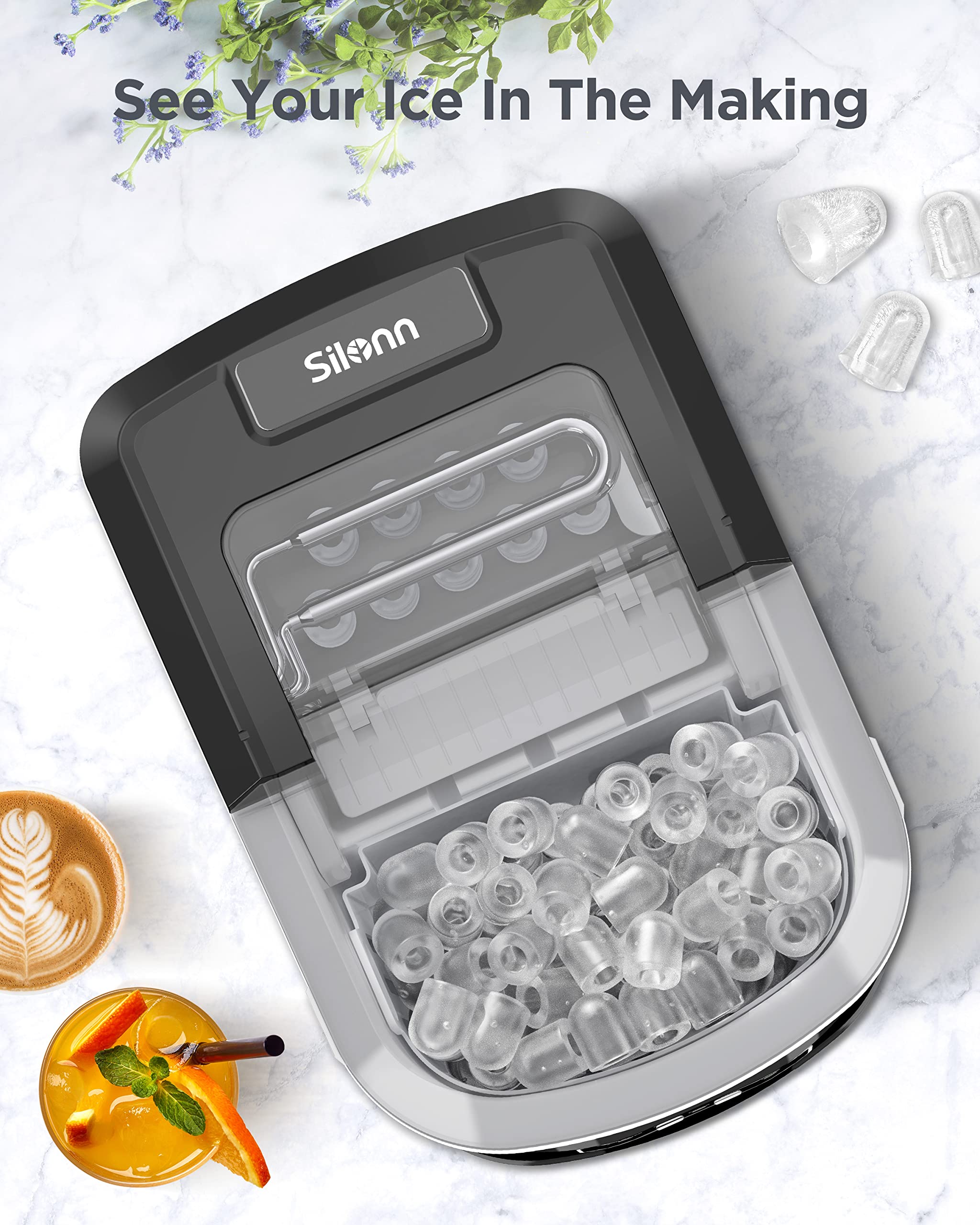 Silonn Countertop Ice Maker Machine - 26 lbs Daily, 9 Cubes in 6 Minutes - Self-Cleaning Portable Ice Maker with Scoop & Basket - Perfect for Home, Office, Parties & Outdoor Events
