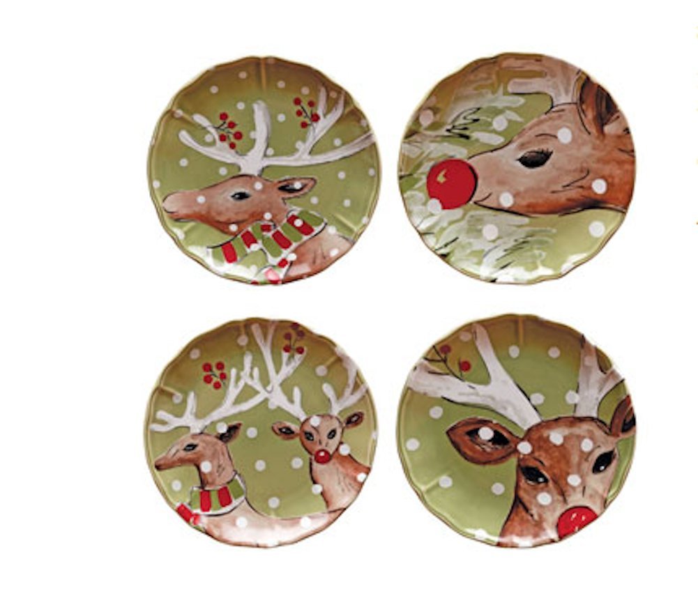 Casafina Deer Friends 4-Piece Green Salad Plates Set - Elegant Dessert Dishes for Dinner Parties, Picnics & Home Decor