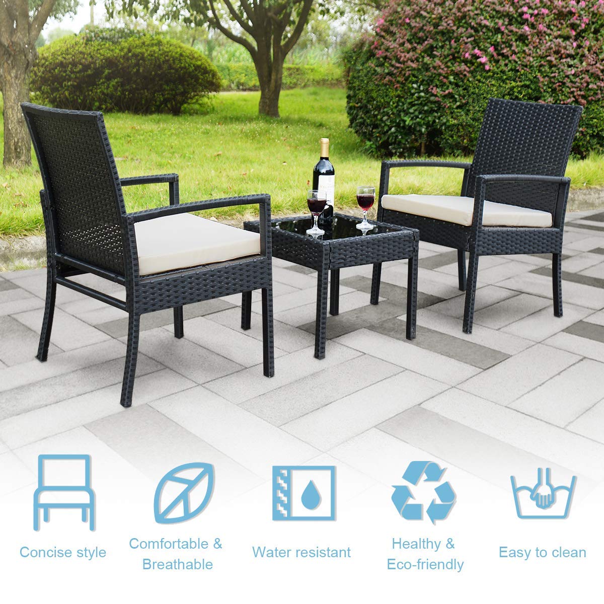 3-Piece Black Wicker Rattan Outdoor Patio Furniture Set with 2 Cushioned Chairs & End Table - Perfect for Garden, Balcony, and Backyard Relaxation