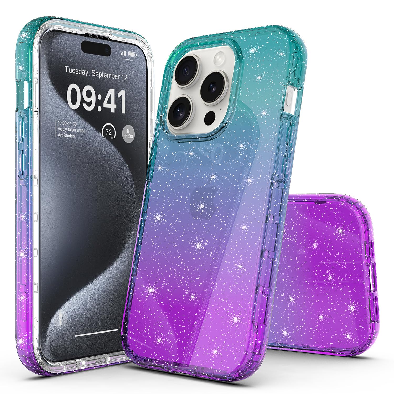 Rosebono iPhone 15 Pro Case - Hybrid Clear Color Gradient Glitter TPU Cover with 360° Protection | Shockproof Slim Fit Phone Case for iPhone 15 Pro (Teal Purple) | Perfect for Everyday Use, Work & Travel